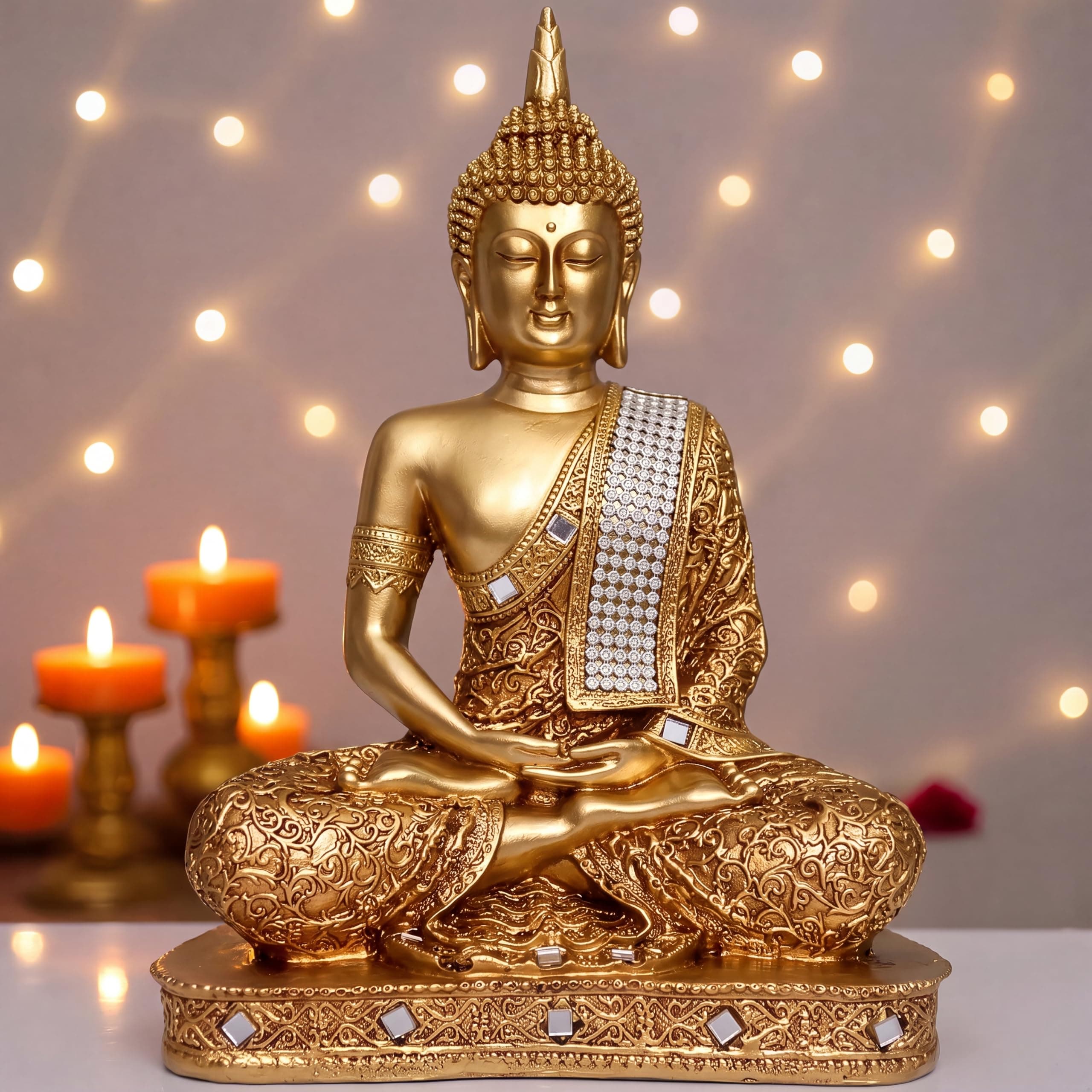 Global Grabbers New 25 Centimetre Meditating Sitting Buddha Statue showpiece Idol Home Decor Items for Living Room and Gifts (Golden2)