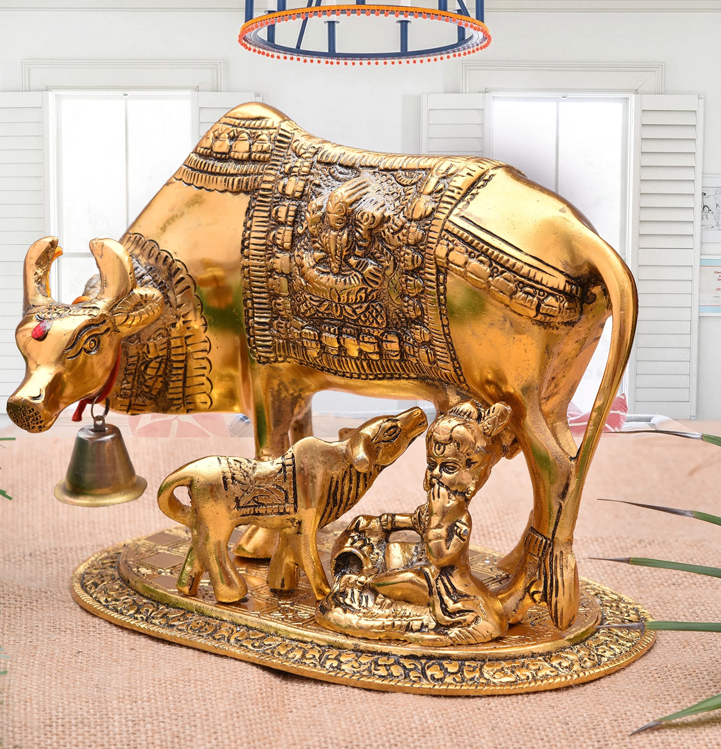 Nirmal Handicraft Metal Kamdhenu Cow and Calf Idol Gold Finish Holy Spiritual Showpiece for Vastu, 16L x 13W x 21H Centimeters