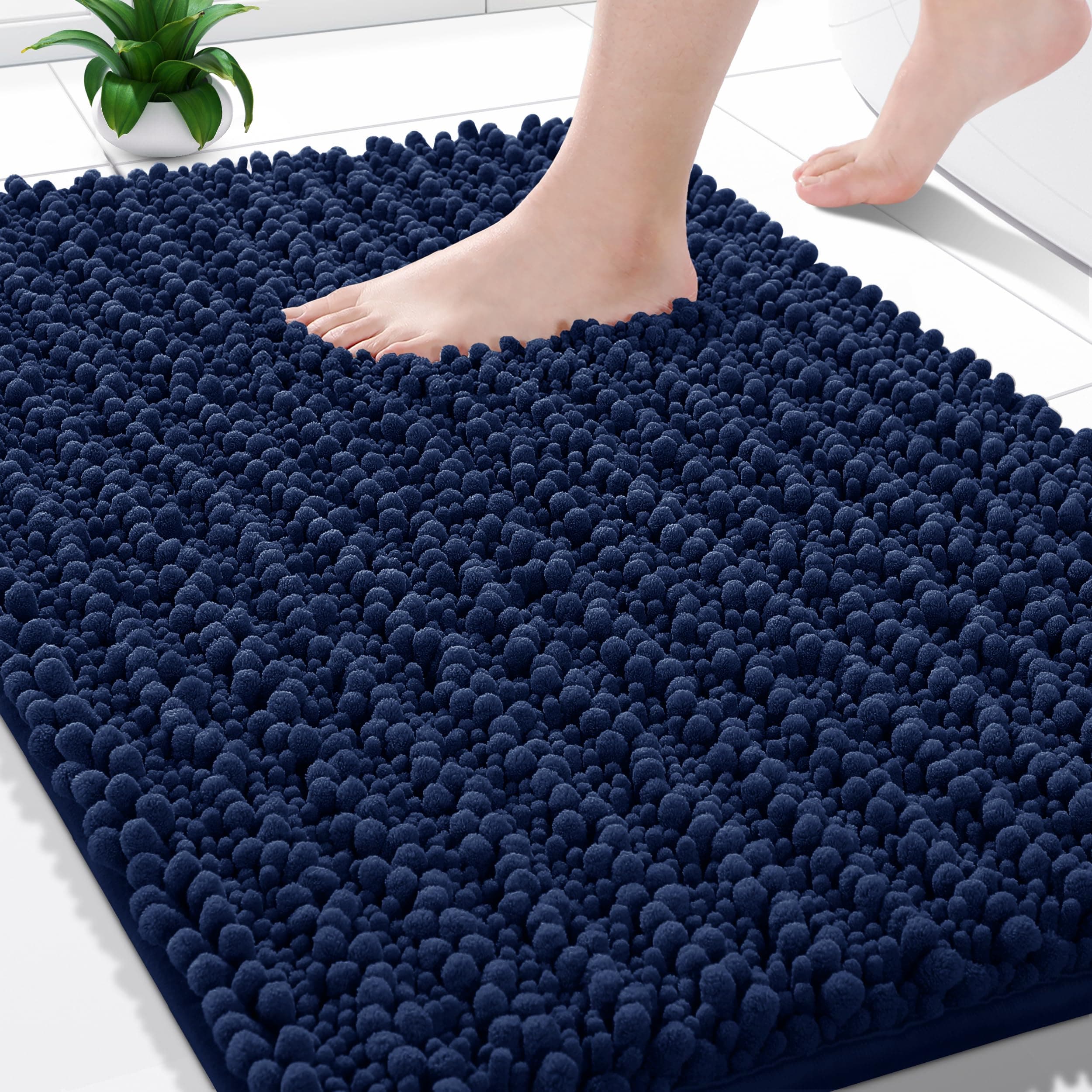 Yimobra Luxury Shaggy Bath Mat, Soft and Cozy, Super Absorbent Water, Non-Slip, Machine-Washable, Thick Modern for Bathroom Bedroom (24 x 17 Inch, Navy Blue)