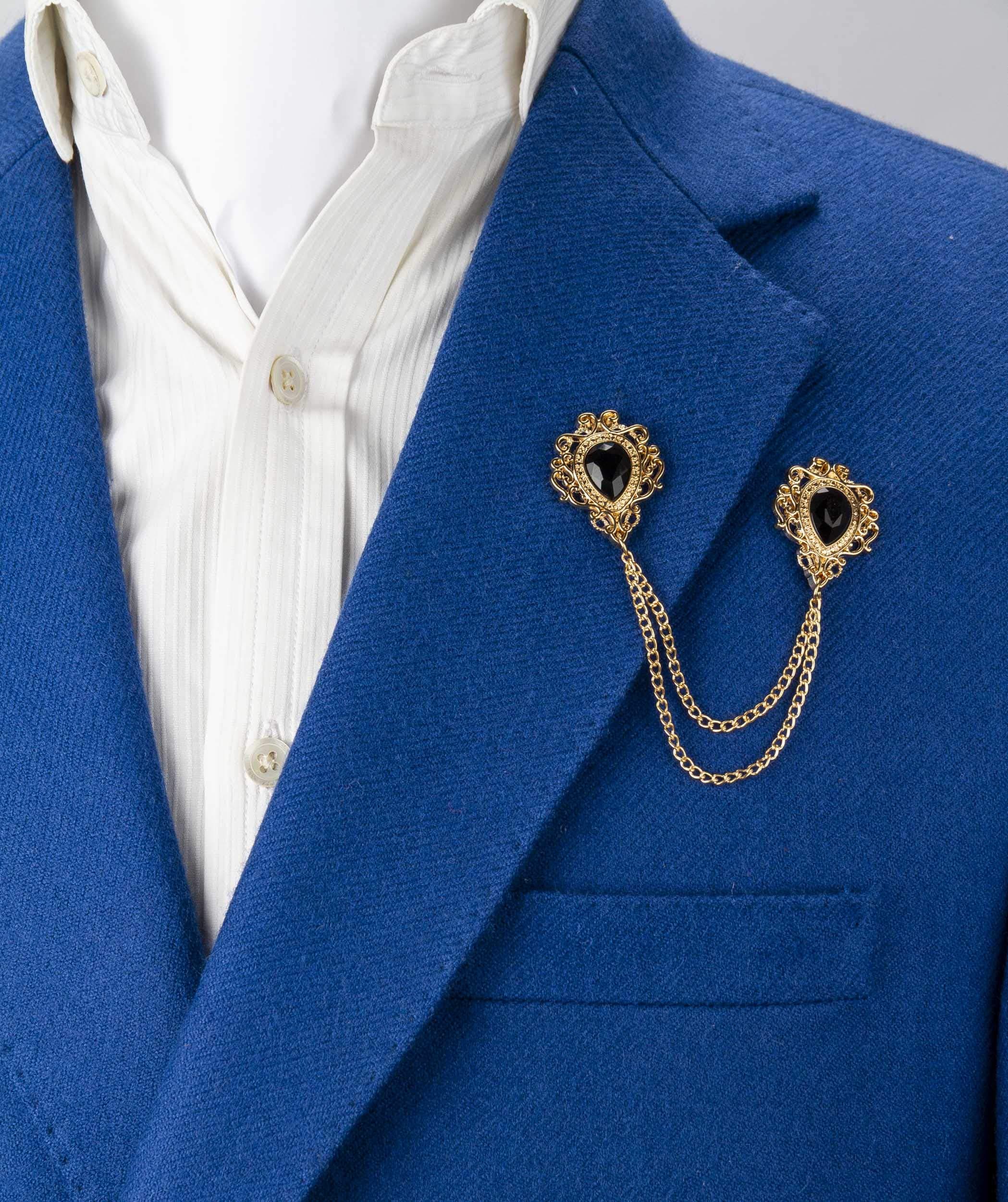 Knighthood Black Stone and Gold Engraving Chain Brooch