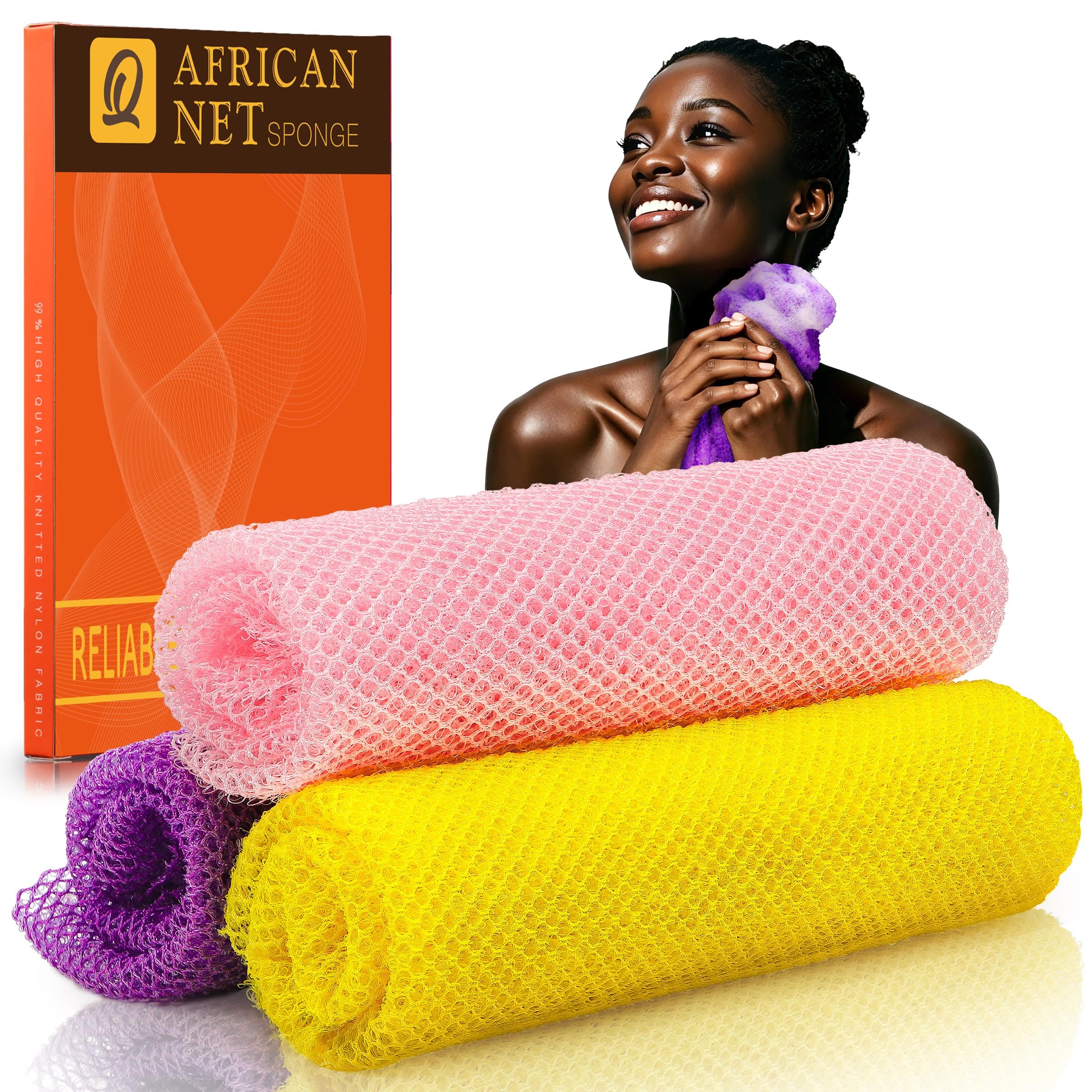 UJFQBH 3 Pieces African Bath Sponge African Net Long Net Bath Sponge Exfoliating Shower Body Scrubber Back Scrubber Skin Smoother,Great For Daily Use(Blue,Black,Off-White)