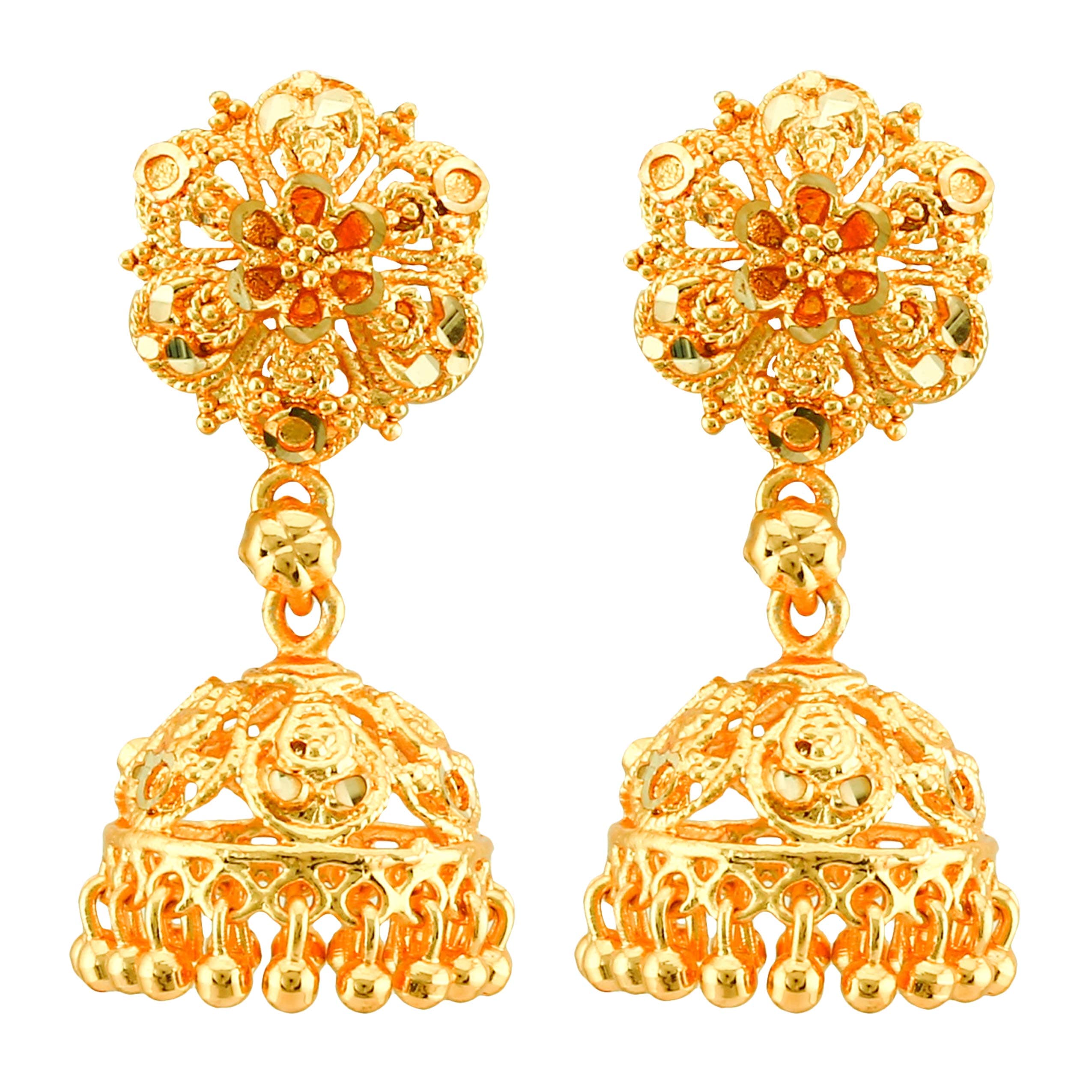 MEENAZ Golden Brass & Copper Gold plated Traditional South Indian Screw back Bridal Wedding 1 gram Gold Temple Jhumka Jhumki Earrings for women girls -Jhumki earrings-M577 22k (916)