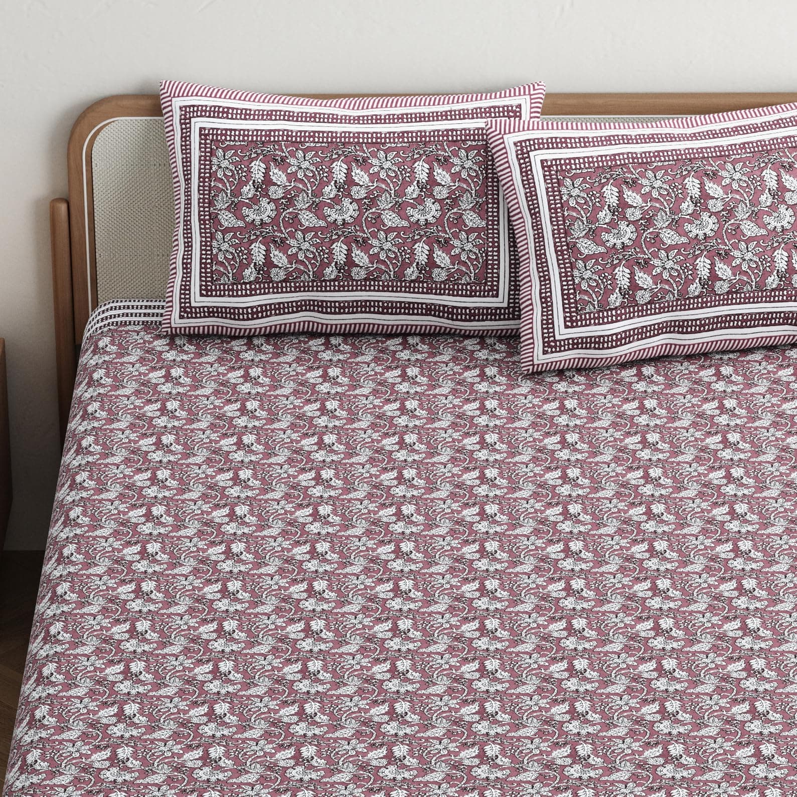 Urban Jaipur 100% Cotton Bedsheet for Double Bed (90 x 108 Inches) | Maroon Floral Vine Print | Queen Size Bed Sheet with 2 Pillow Cover