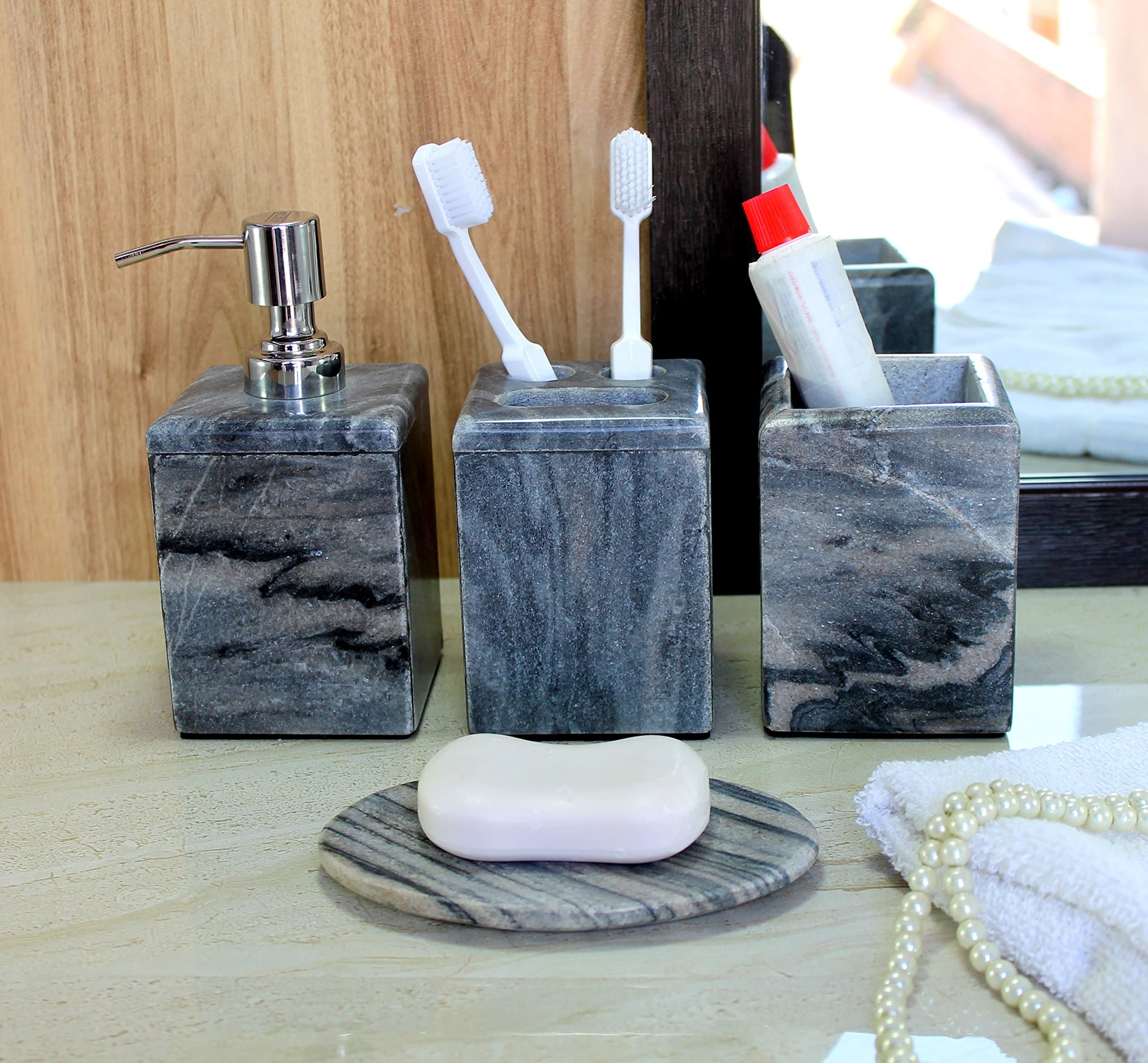 KLEO - Bathroom Accessory Set Natural Black-Gray Stone - Bath Accessories Set of 4 Includes Soap Dispenser, Toothbrush Holder, Tumbler and Soap Dish