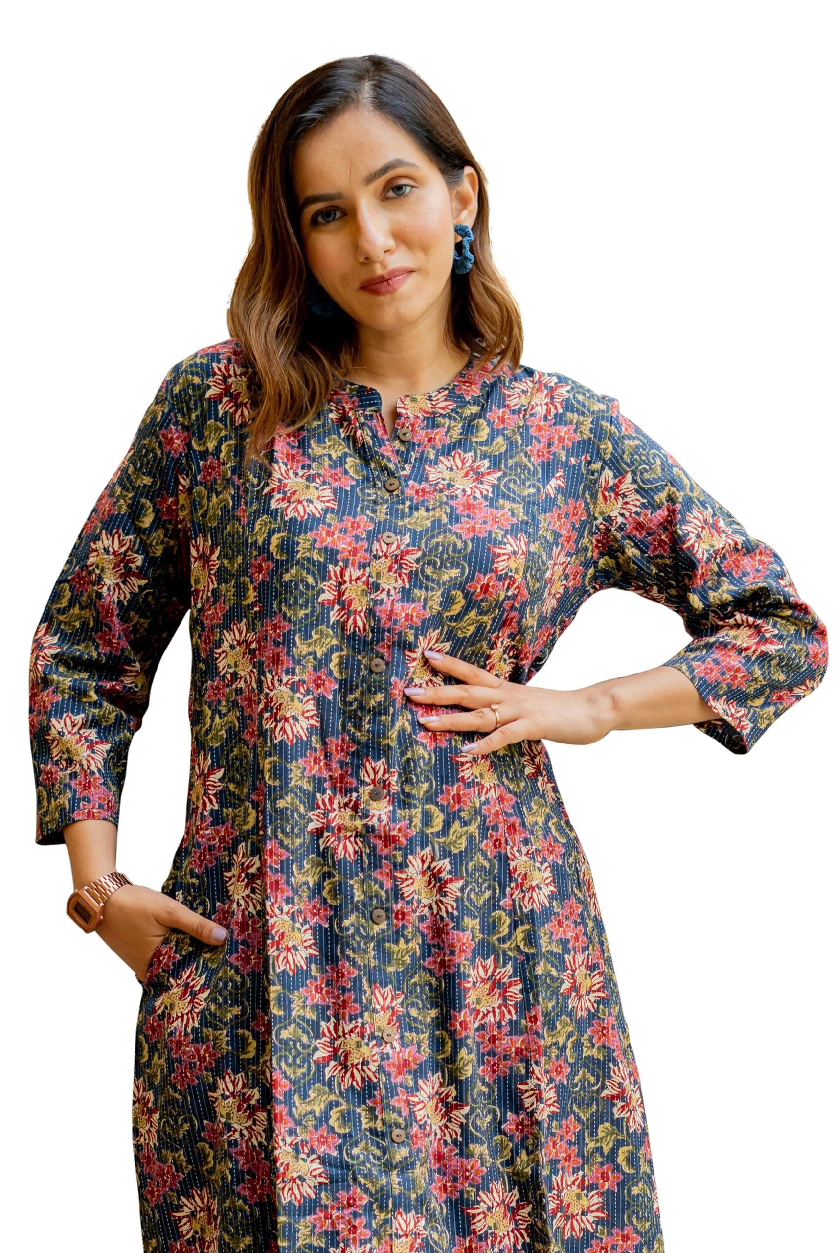 MIRCHI FASHION Pure Cotton Women A Line Print Princess Line Kantha Work Kurta (MK9863 - Purple, Off White, Maroon - 6XL)