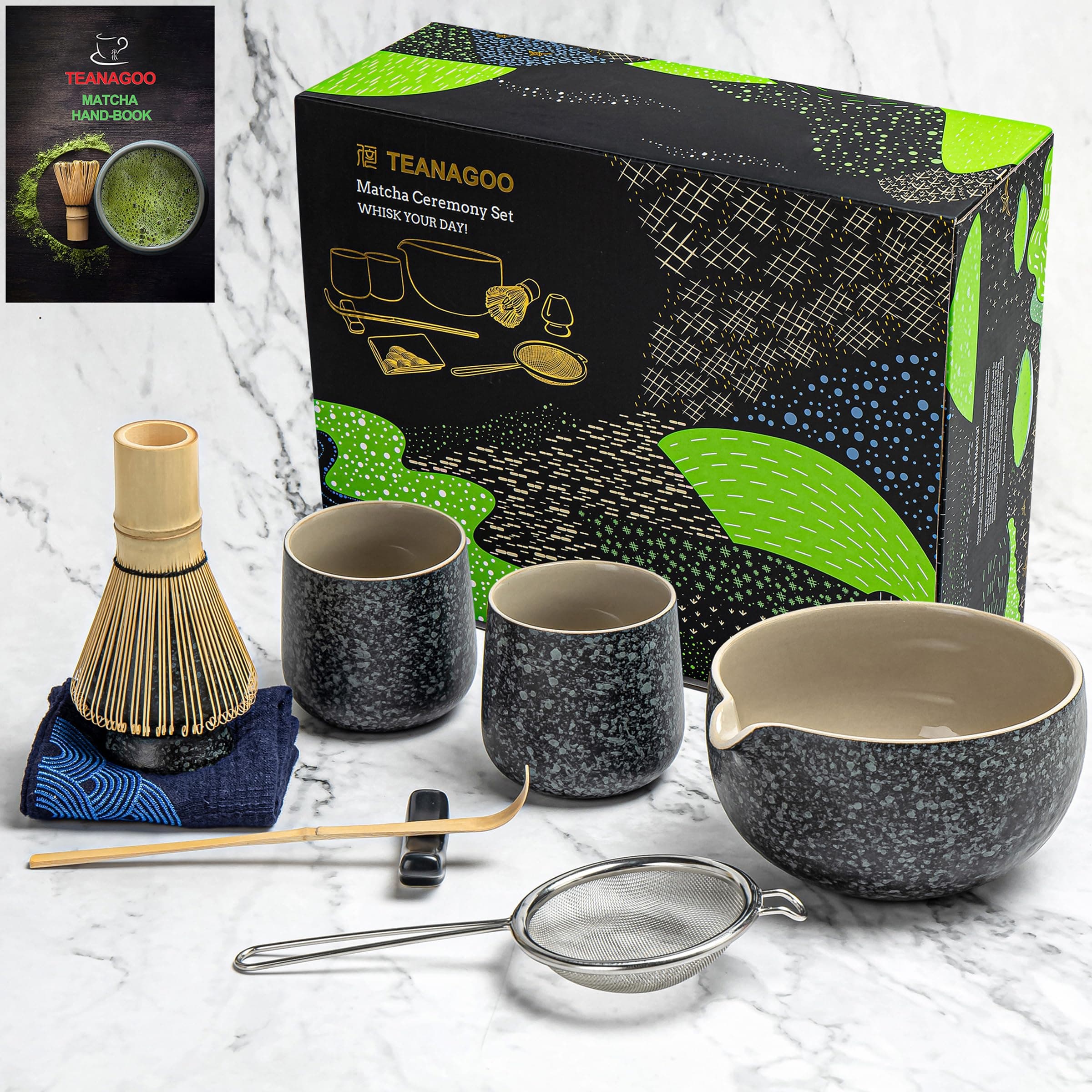TEANAGOO Matcha Whisk Set Matcha Bowl with Pouring Spout Bamboo Matcha Whisk Scoop Matcha Whisk Holder Tea Making Kit. 1 Japanese Tea Set (7pcs) + 2Cups(7.2oz) ,S1,Charcoal Grey,Color Box Packing