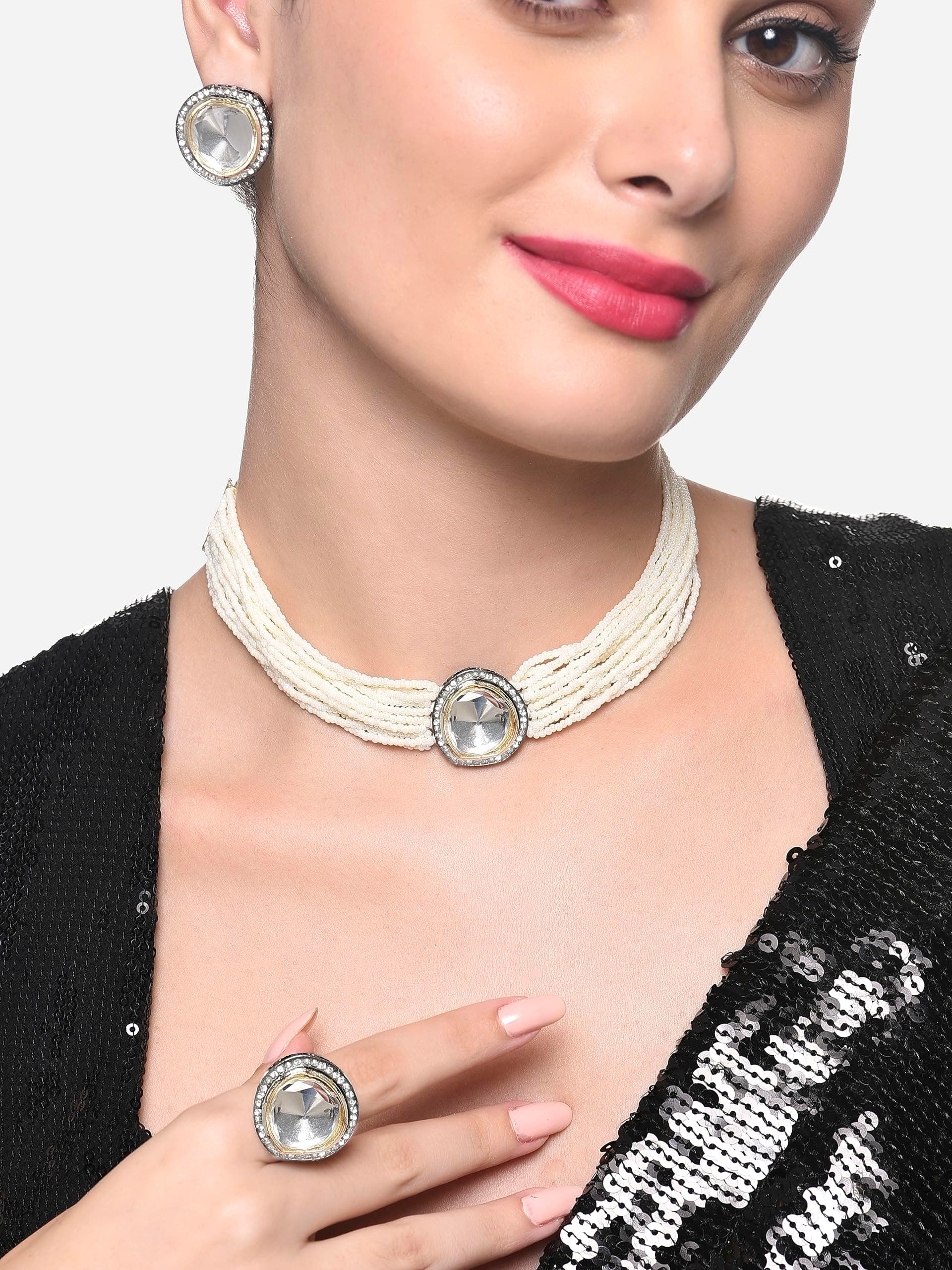 ZAVERI PEARLS Silver Colour Multistrand Choker Necklace Earring & Ring Set For Women -ZPFK16240