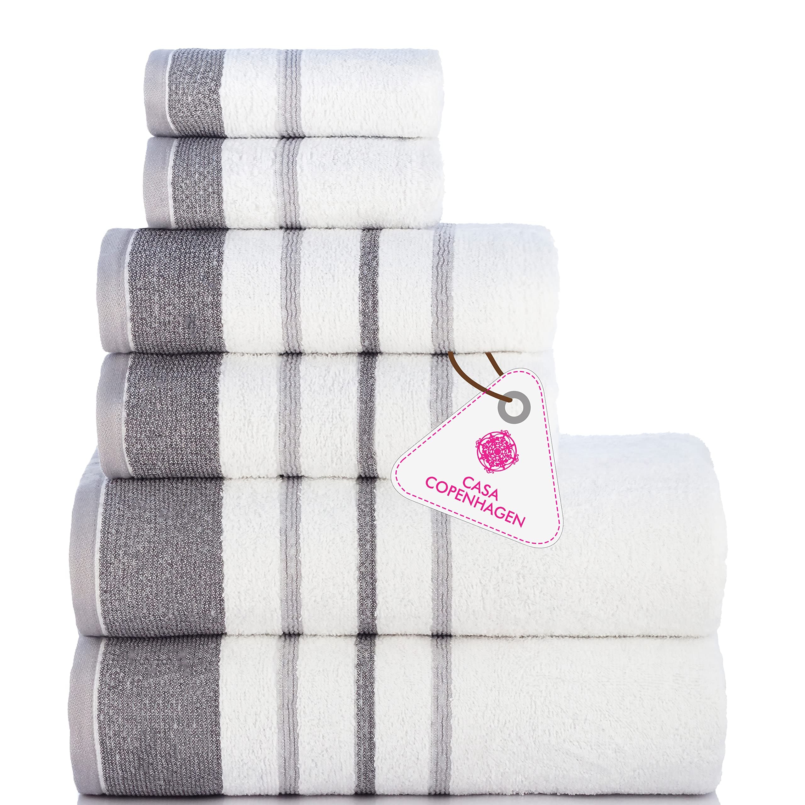 Casa Copenhagen - Egyptian Cotton White Bay Collection 6 Pieces Towel Set Including 2 Bath Towel, 2 Hand Towel, 2 Face Towel - Light Grey/Dark Grey