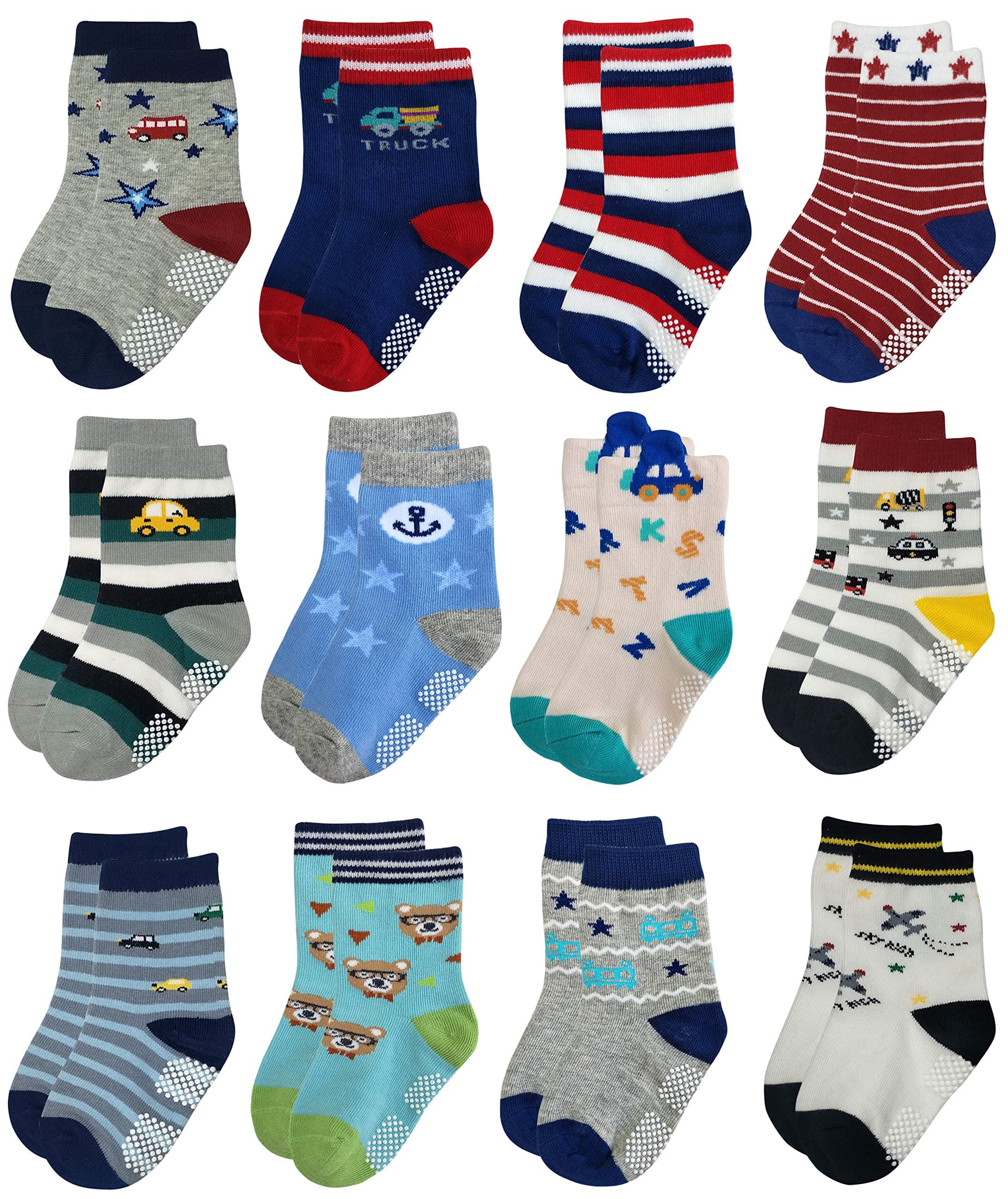 RATIVE Non Skid Anti Slip Crew Socks With Grips for Baby Infant Toddlers Kids Boys, 12-pairs/Rb-713915, 3-5T