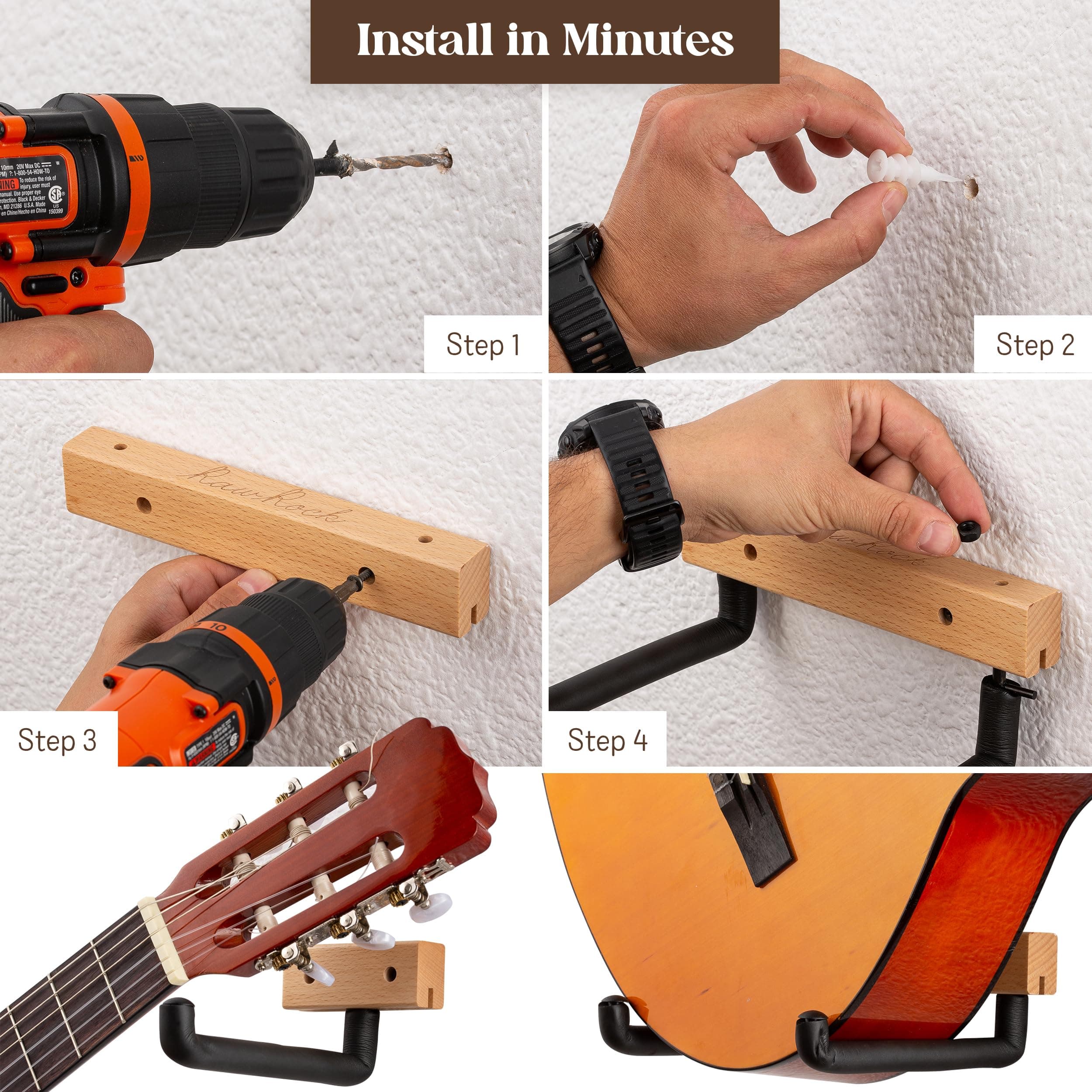 Guitar Wall Hanger Horizontal - Tilted Display Ukulele, Bass, Electric Guitar, Banjo at a Slanted Angle (Country Classic)