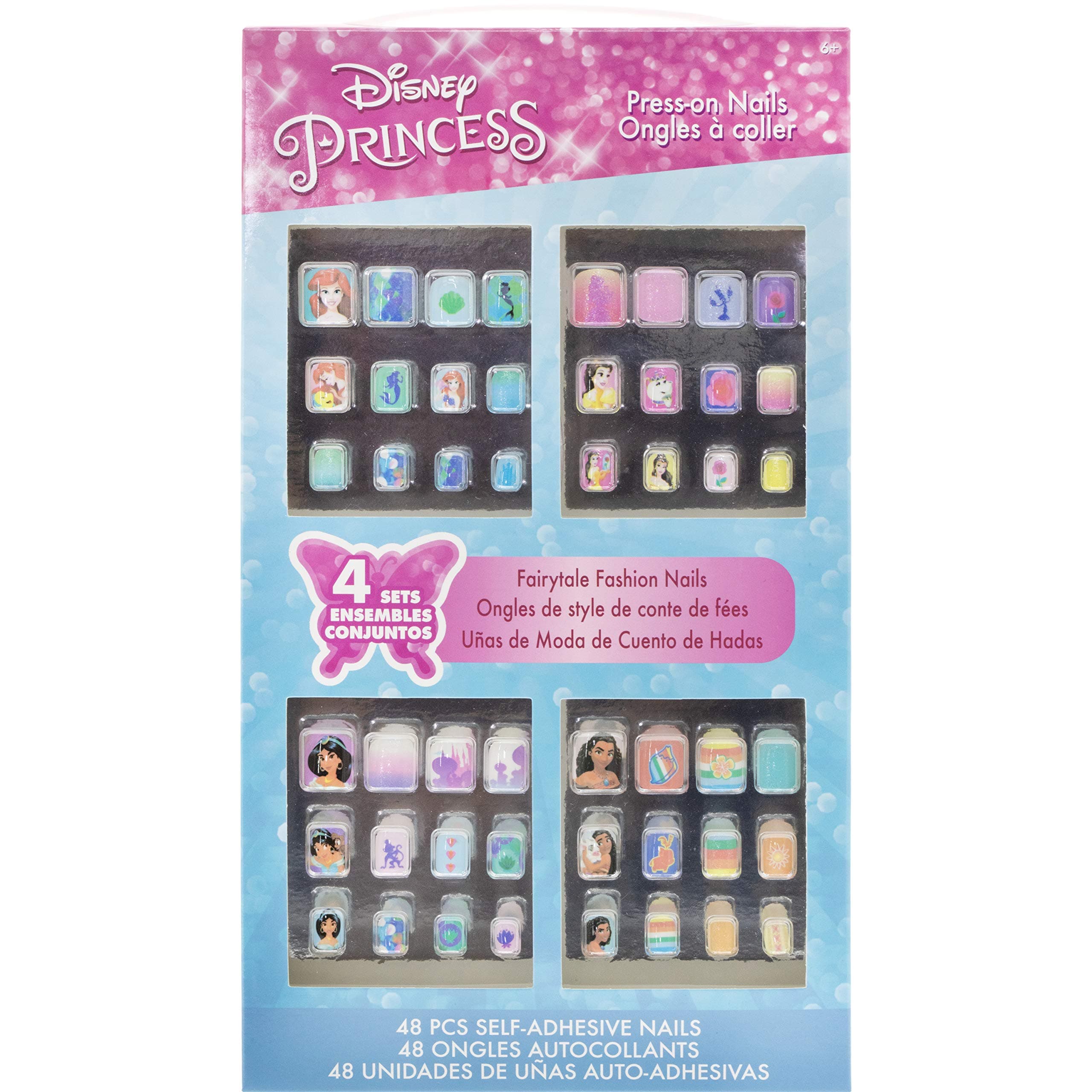 Disney Princess - Townley Girl 48 Pcs Press-On Nails Artificial False Nails Set for Girls, Kids with Pre-Glue Full Cover Acrylic Nail Tip Kit, Ages 6+ for Parties, Sleepovers and Makeovers