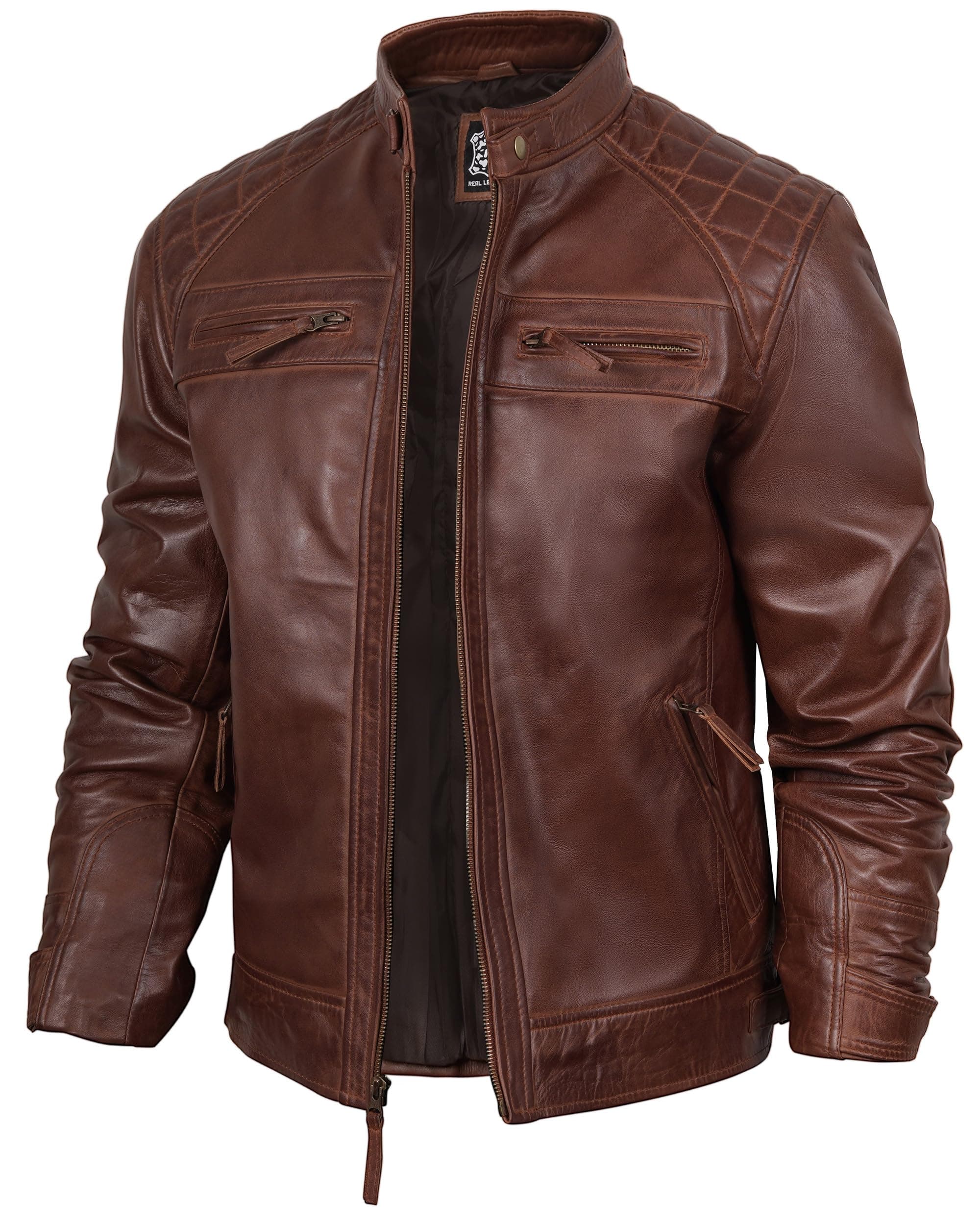 fjackets Brown Leather Jacket Men - Distressed Lambskin Mens Leather Jacket | [1100083],Johnson Brown,M