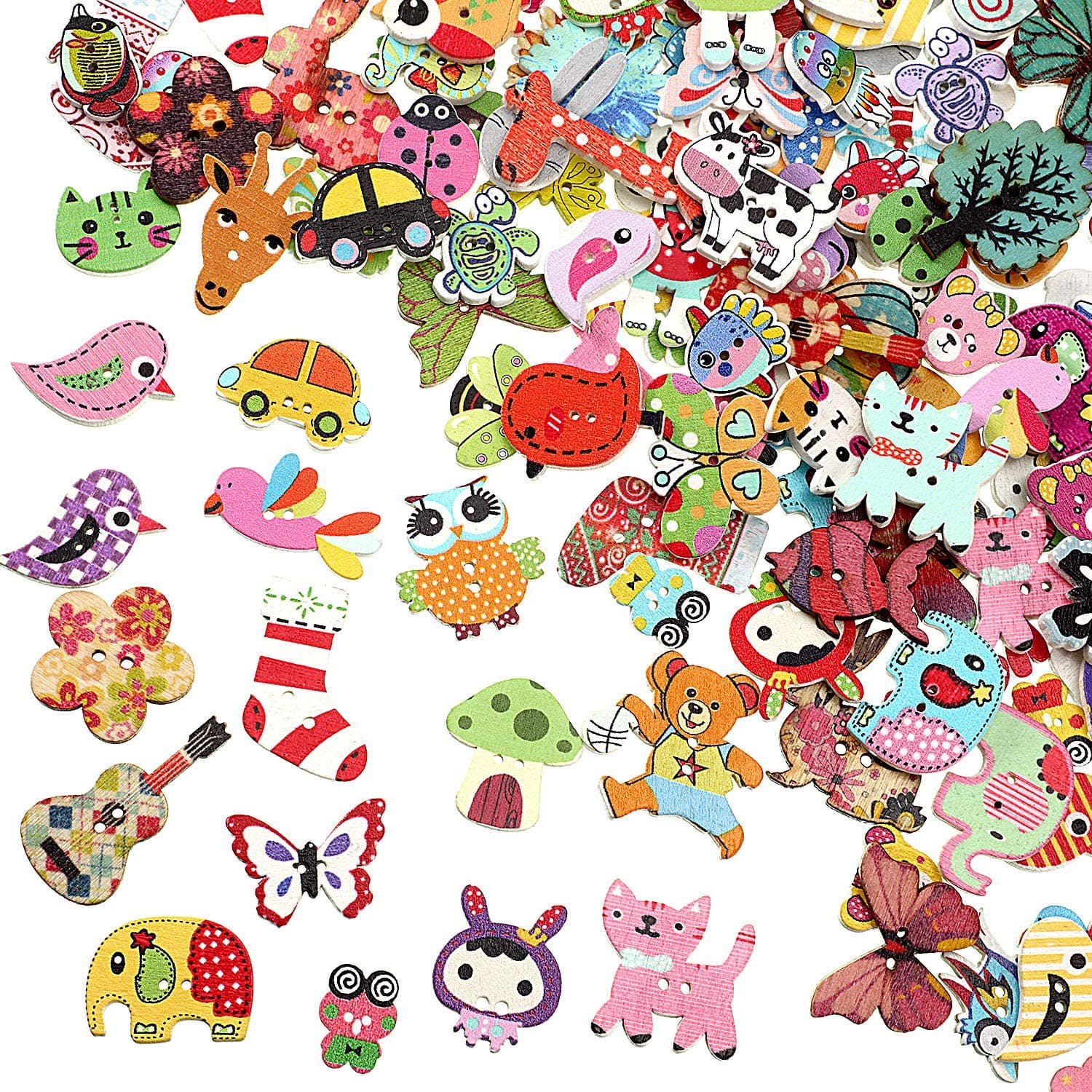 200 Pieces Cartoon Wooden Buttons Bulk Assorted Design Cute 2 Holes Mixed Animal Wood Button for Sewing Crafts DIY Works Decoration and More, 0.6-1.2 inches