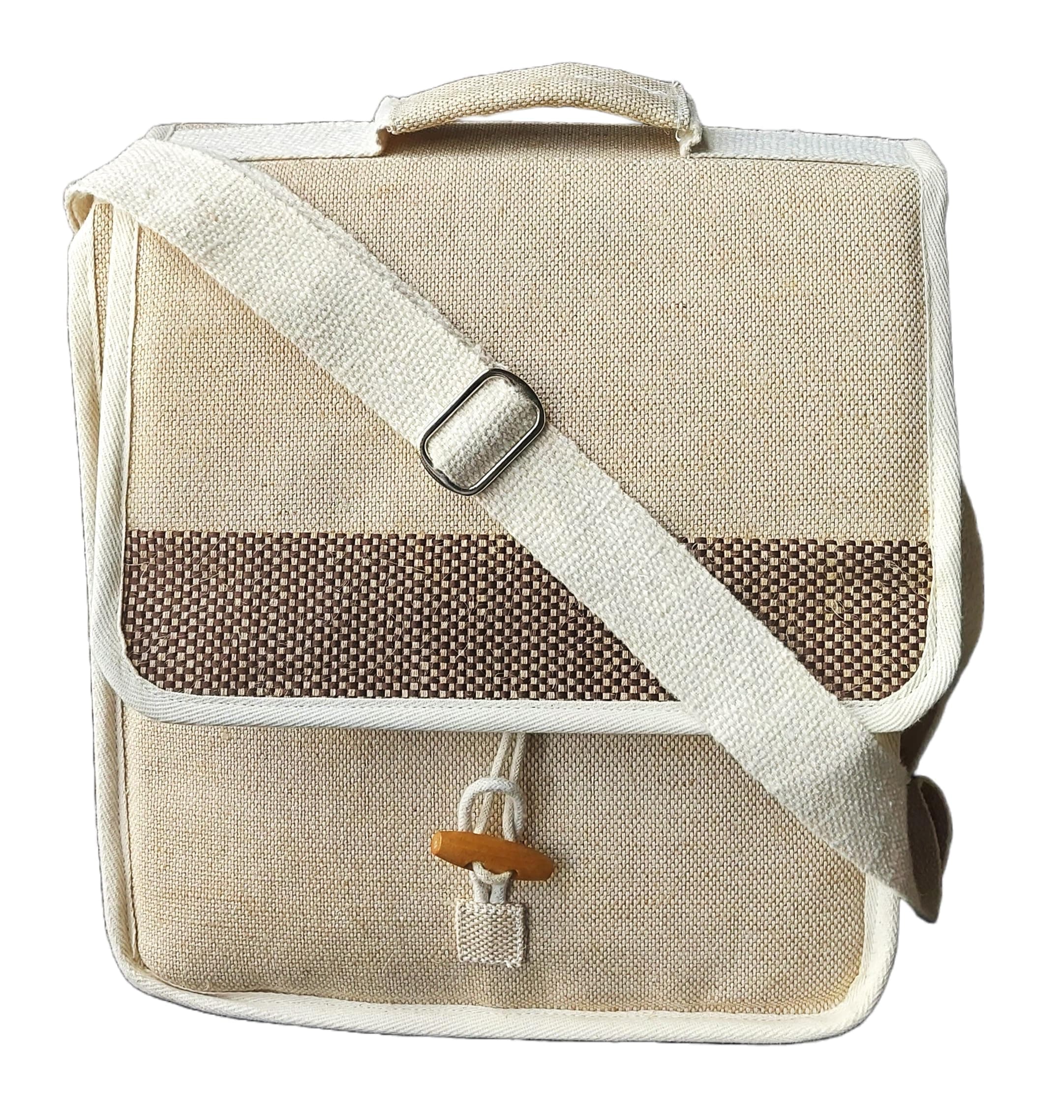 Daffodil Jute Sling Bag - Adjustable Multipurpose Bag for Men & Women with Multi-Compartment & Wooden Button Loop Closure