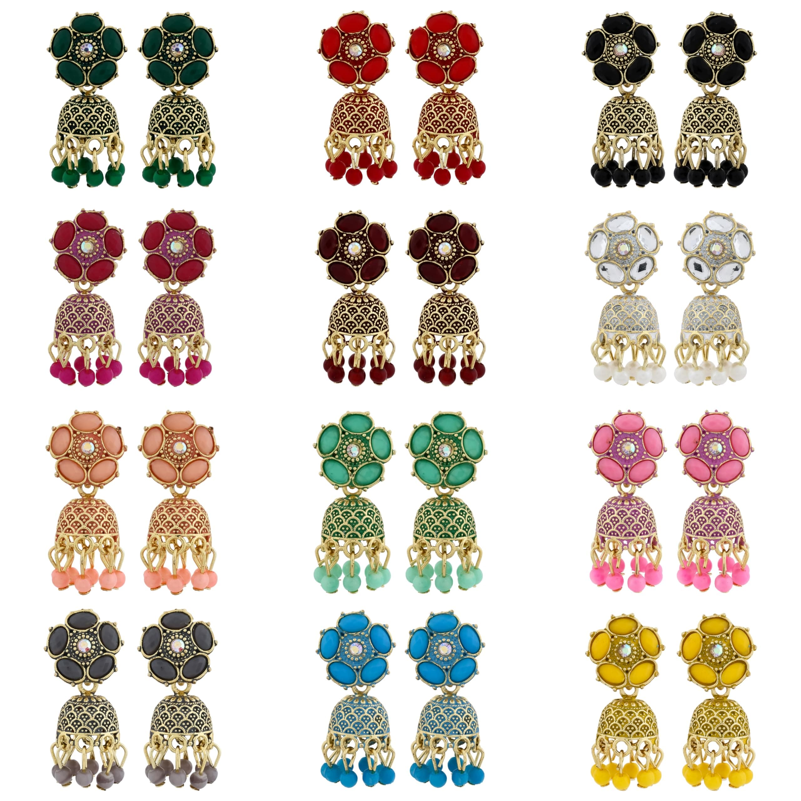 Traditional Jhumka meenakari oxidised kundans flower Jhumka Earrings, Floral Design with Beaded Danglers, Multiple Colours Available