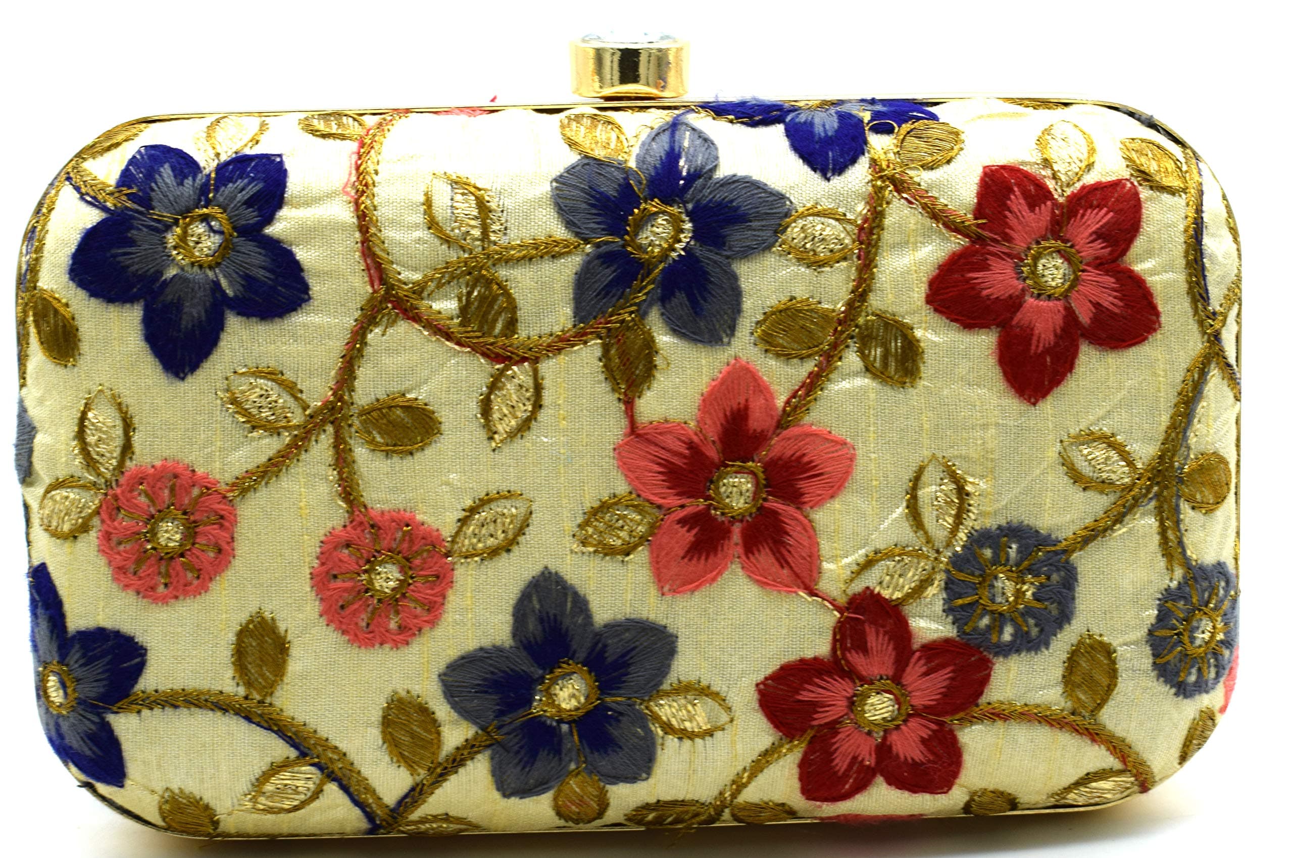 TOOBA Handicraft Hand Embroidered Box Clutch Bag Purse for Bridal, Casual, Wedding Bag for Women & Girls. Beige Floral