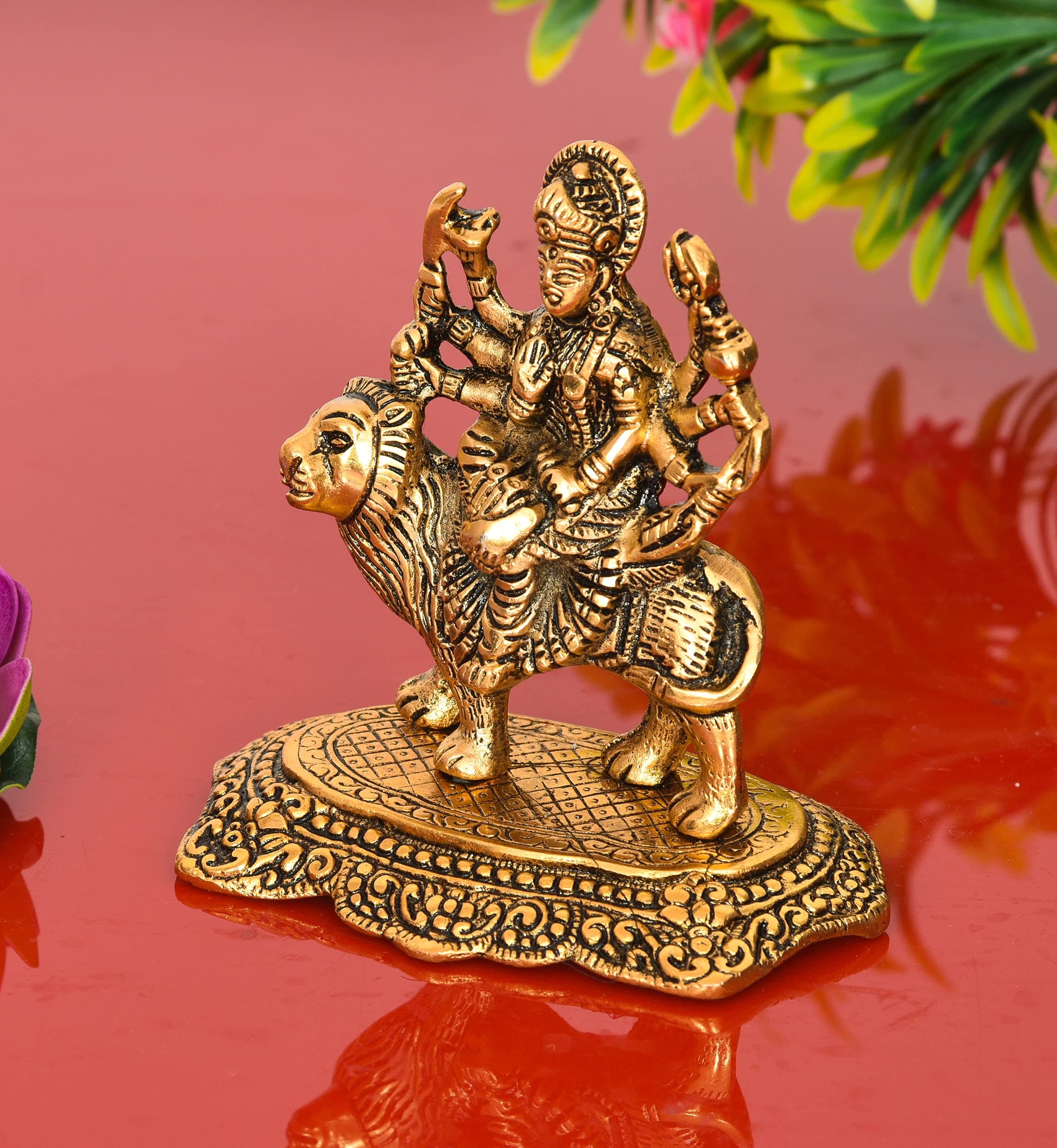 Nirmal Handicraft Durga Maa Hindu Goddess Statue, MATA Rani | Maa Durga Statue with Lion Figurine for Home,Temple, Pooja Decorative, Desk, Car - 13 cm (Aluminium, Gold)