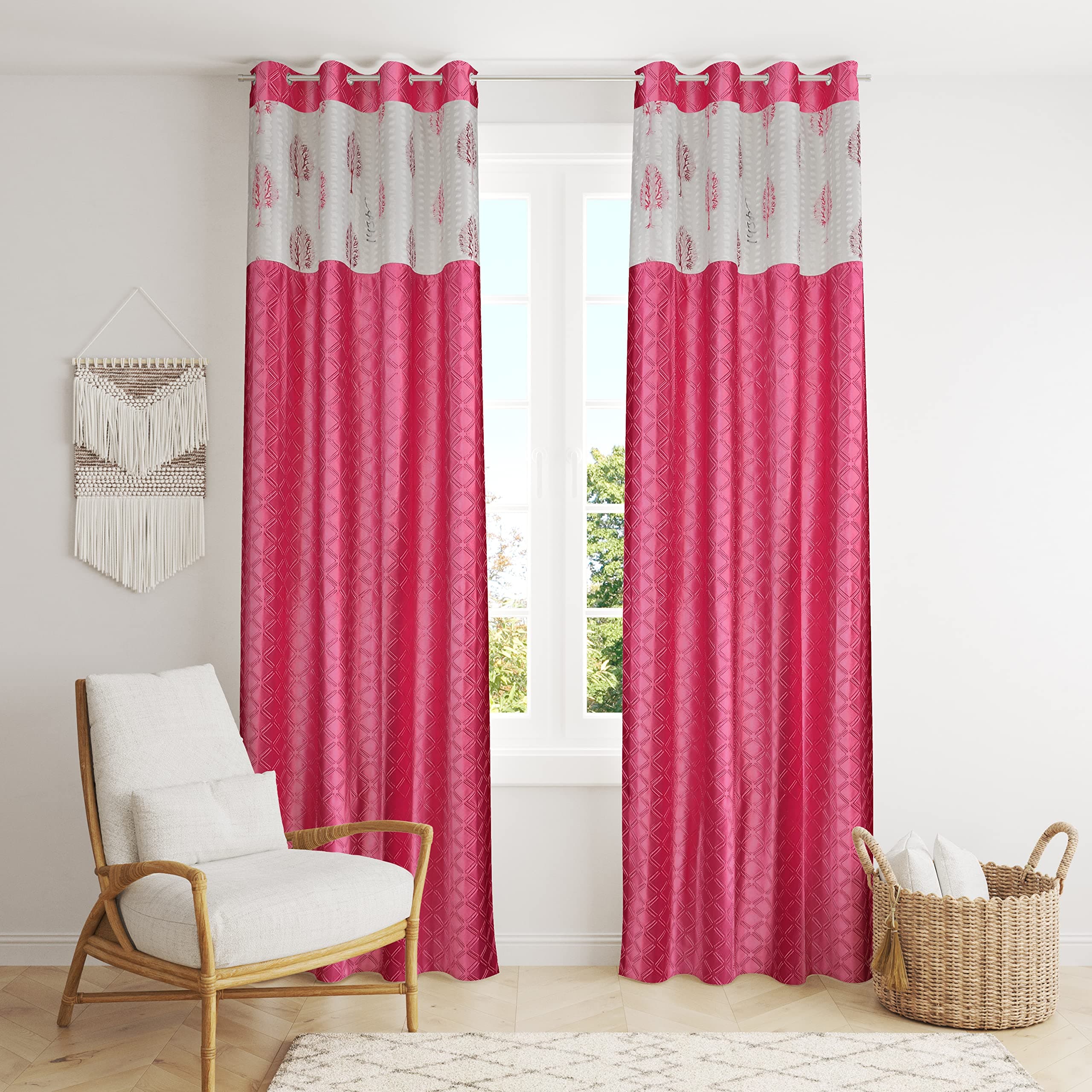 Bliss Casa Door Curtains 7 feet Long Set of 2, Premium Net Patch Room Dark Curtain for Home, Bedroom, Living Room – Eyelets Ring Semi Blackout Drapes and Panels (Pink)