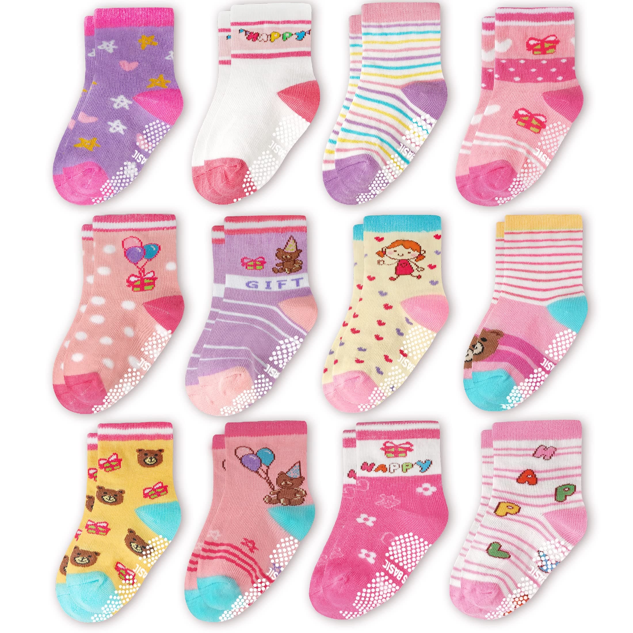 Evercute Baby Girls Crew Anti Skid Socks 12 Pack Pink Non Slip Socks With Grips For Infants Toddler Little Girls