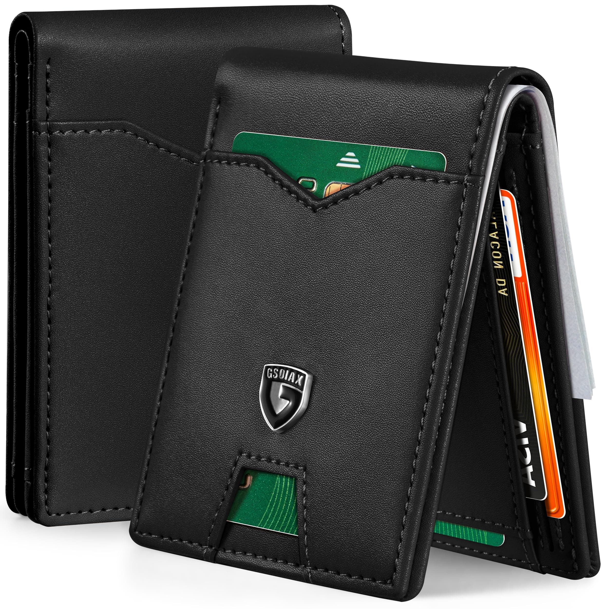 GSOIAX Mens Slim Wallet for Men Minimalist Genuine Leather Carbon Fiber Rfid Blocking Cowhide Bifold Credit Card Holder Gifts for Men With Gift Box (Black)