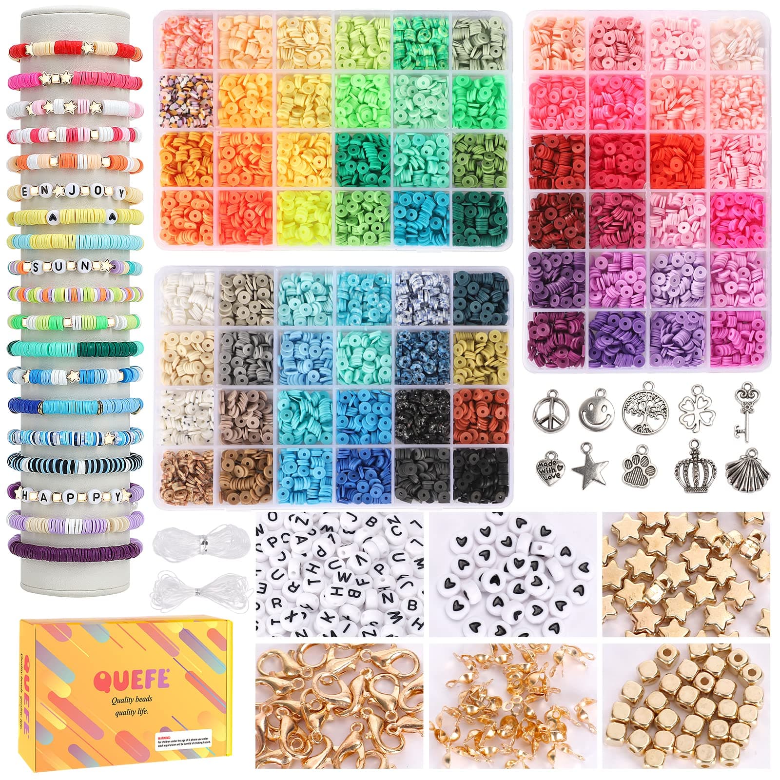 QUEFE 9000pcs Clay Beads for Bracelet Making 72 Colors Flat Round Polymer Clay Beads Spacer Heishi Beads for Jewelry Making Kit with Pendant Charms Kit Letter Beads and Elastic Strings
