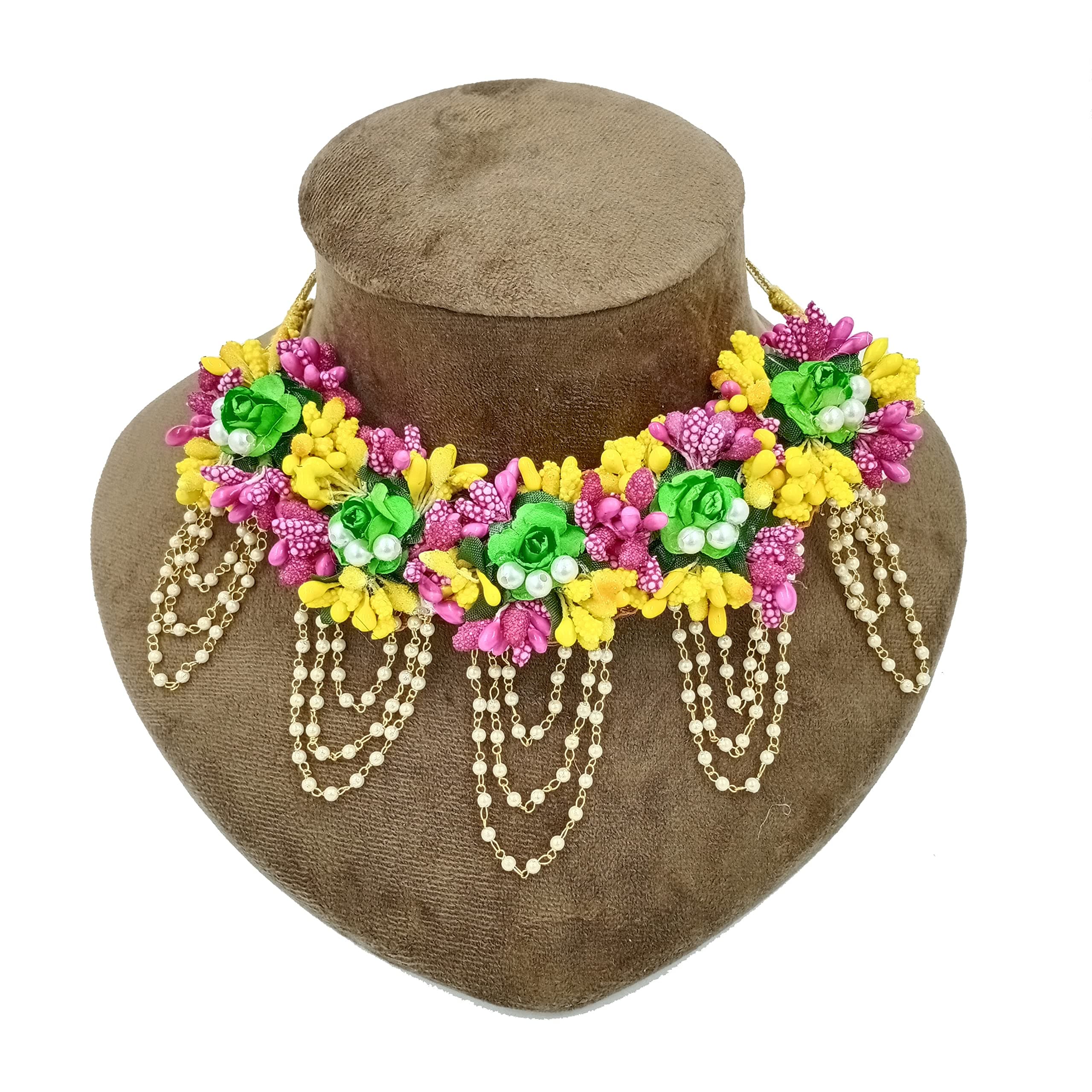 RKG HANDICRAFTS SA FLORAL Women's artificial flowers Jewellery Set Floral gota patti Necklace, Earrings, Mang Tikka, Bracelet with rings Bridal Set in Pink, Yellow, Green for women.