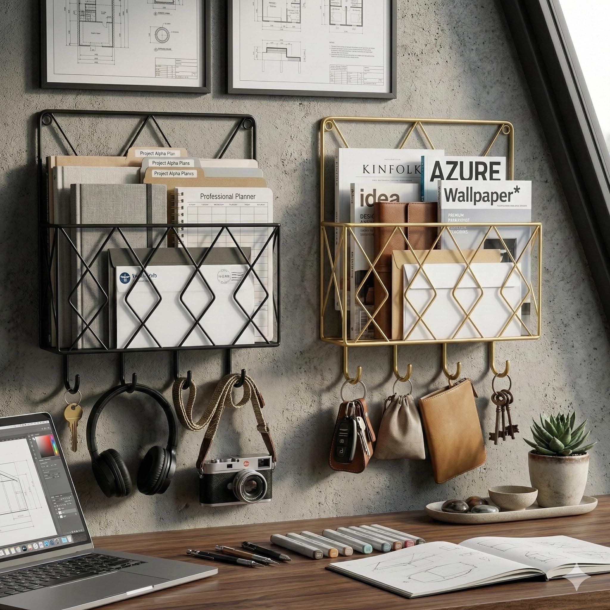 CentraLit 2 Pieces Wall Decor Hanging File Magazine Holder with Hooks - Magazine Newspaper Rack Black Gold Combo File Storage Rack for Office - Home Decor Wall Art Display Rack for Organisation