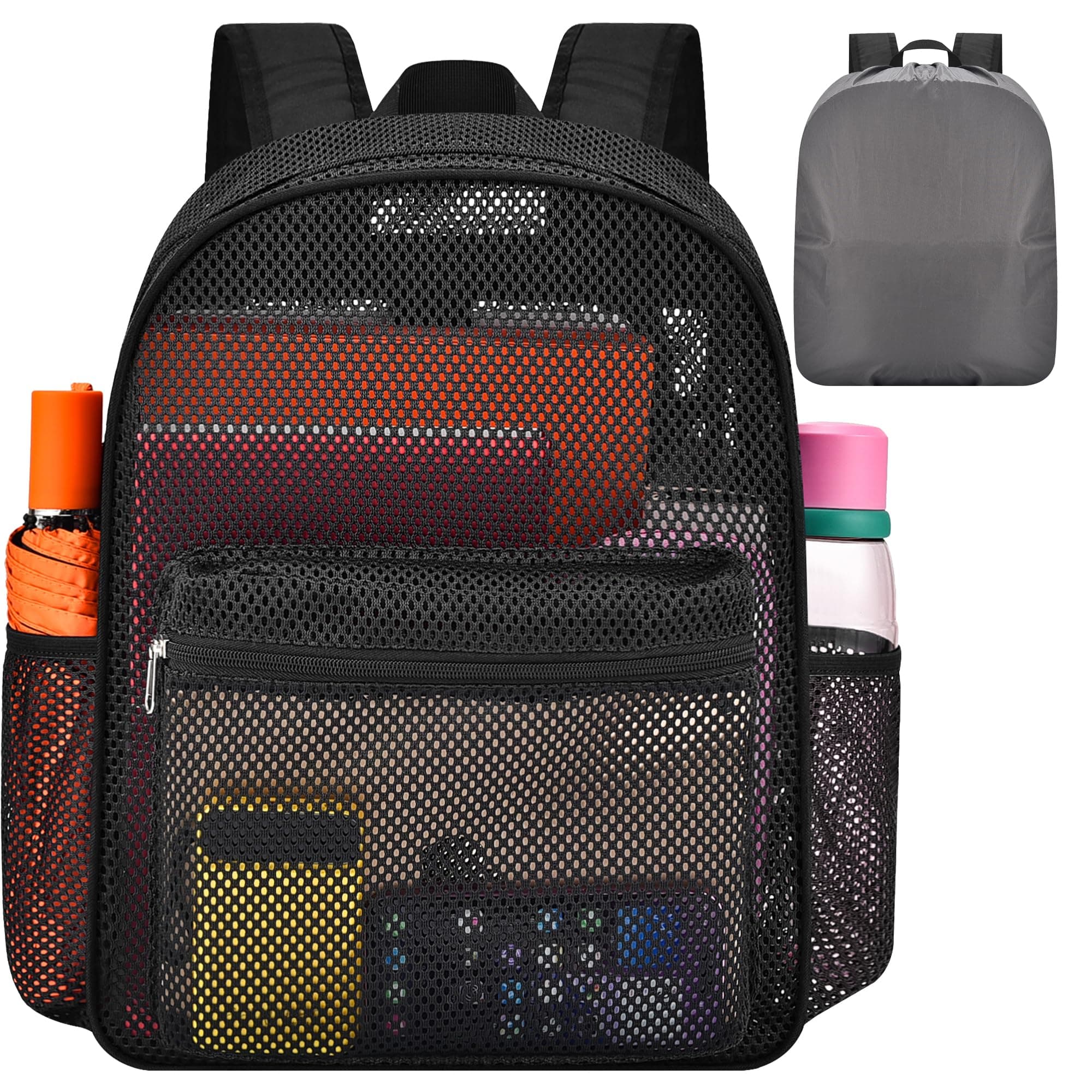 Oraben Duty Mesh Backpack with Rain Cover Ventilated Swim & Gym Bag College Mesh Backpack See Through Backpacks Black Large