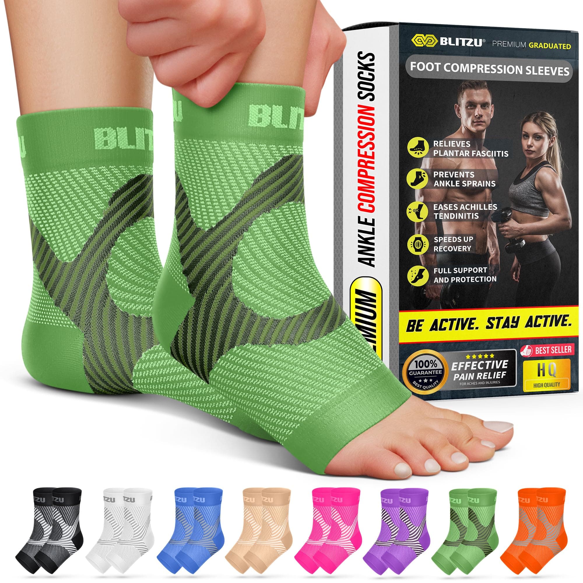 BLITZU Plantar Fasciitis Socks with Arch Support, Foot Care Compression Sleeve, Eases Swelling & Heel Spurs, Ankle Brace Support, Relieve Pain Fast Green L-XL