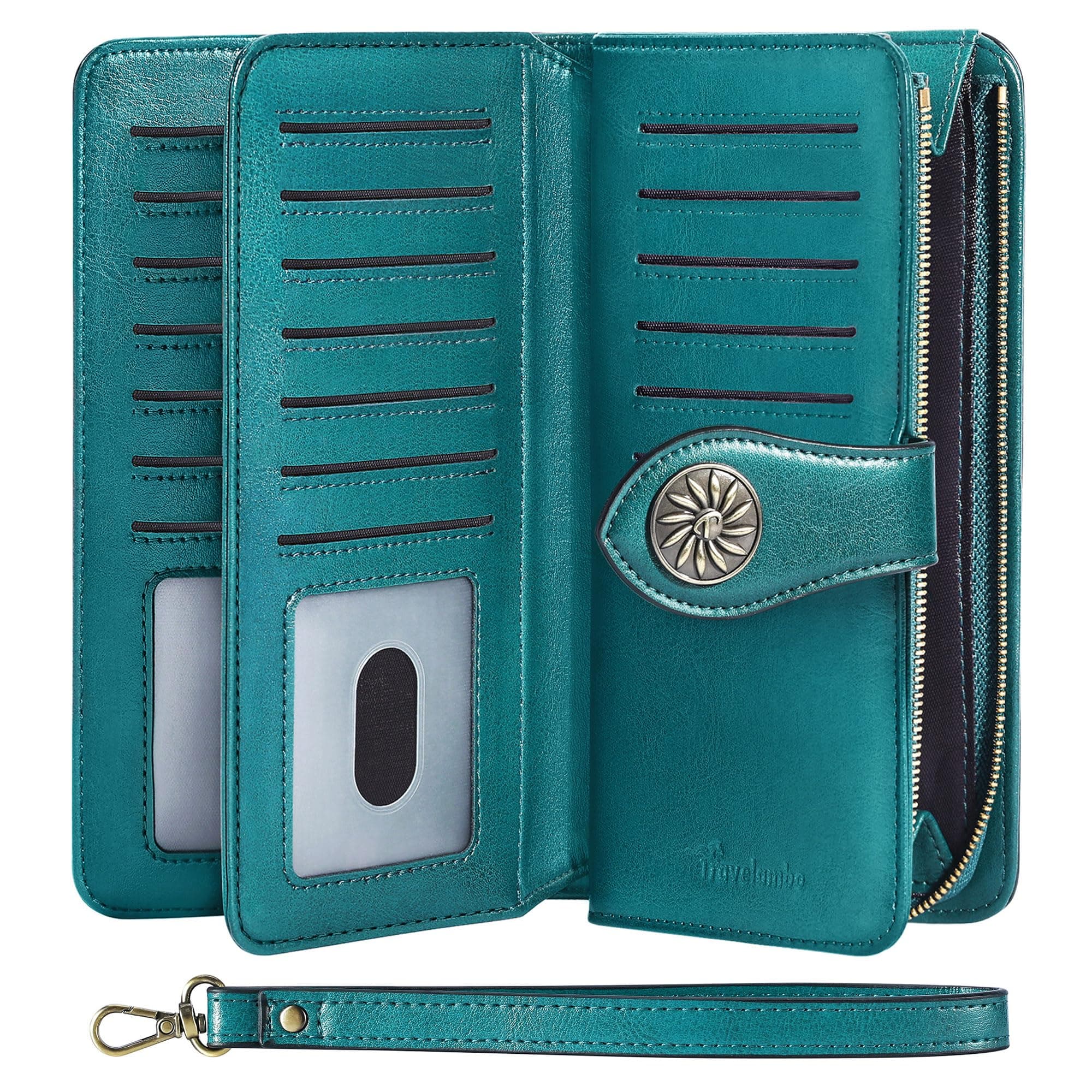 Travelambo Women's Wallet RFID Blocking Credit Card Holder Large Capacity Wristlet Leather Wallets Purse, Peacock Blue, Retro