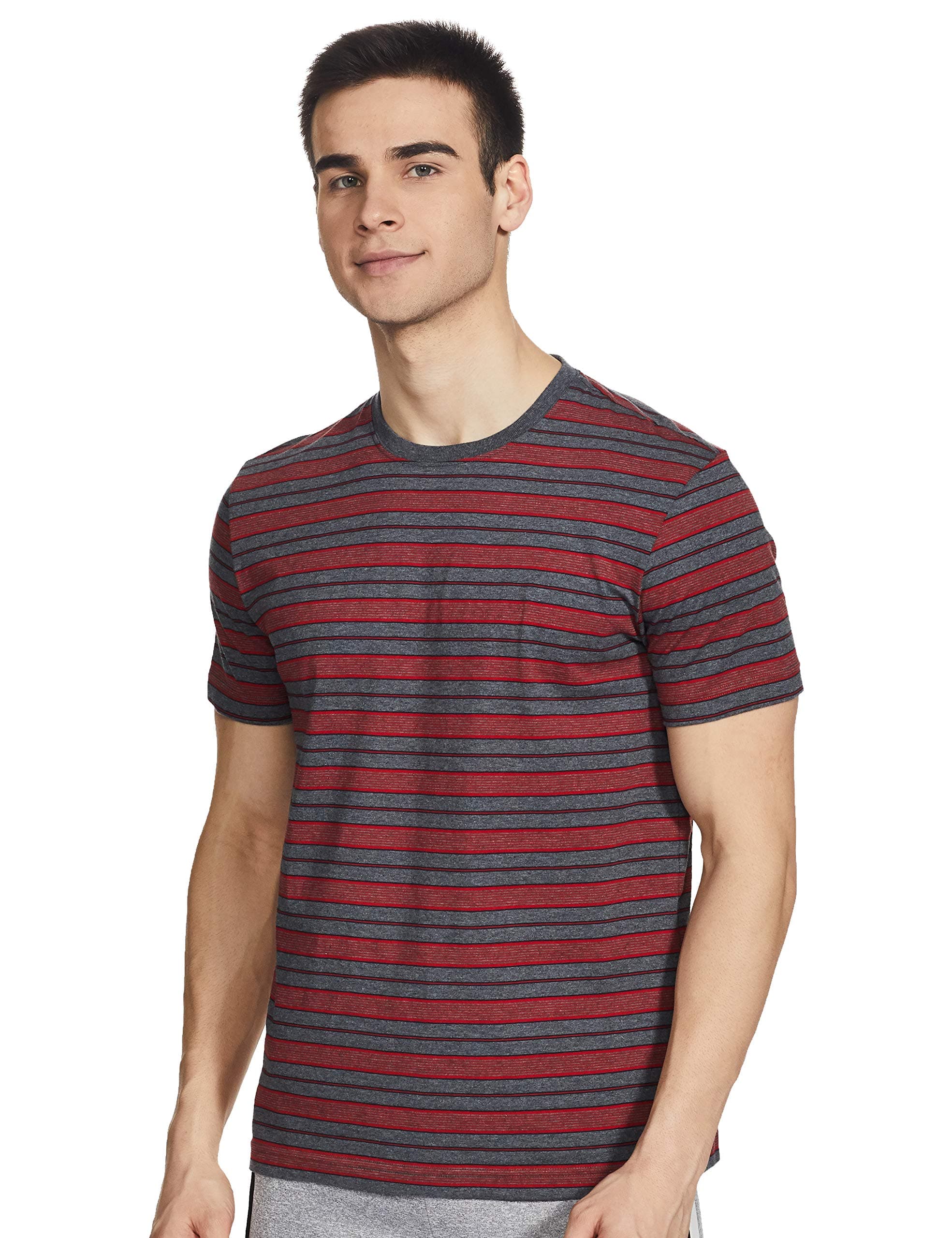 Jockey Men's Regular Fit Striped Round Neck Half Sleeved T-Shirt 2717_Charcoal Melange & Navy_L