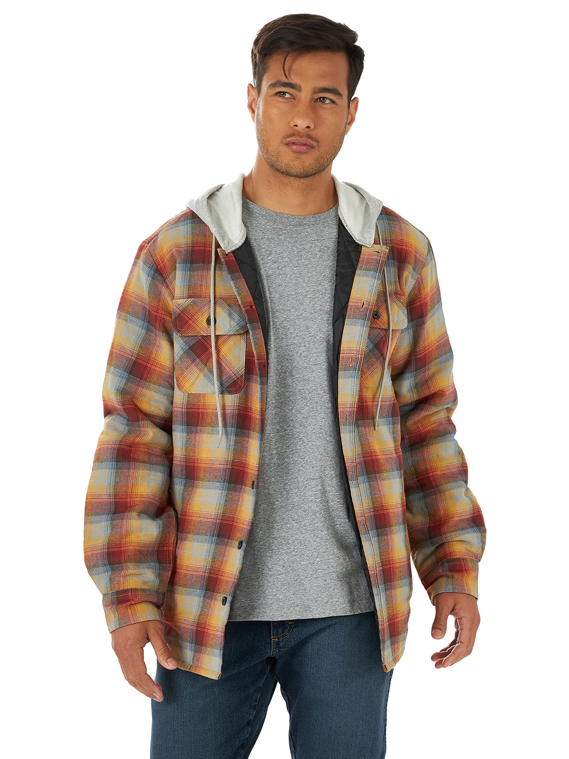 Wrangler Authentics Men's Long Sleeve Quilted Lined Flannel Shirt Jacket with Hood, Pale Gold, 3X-Large