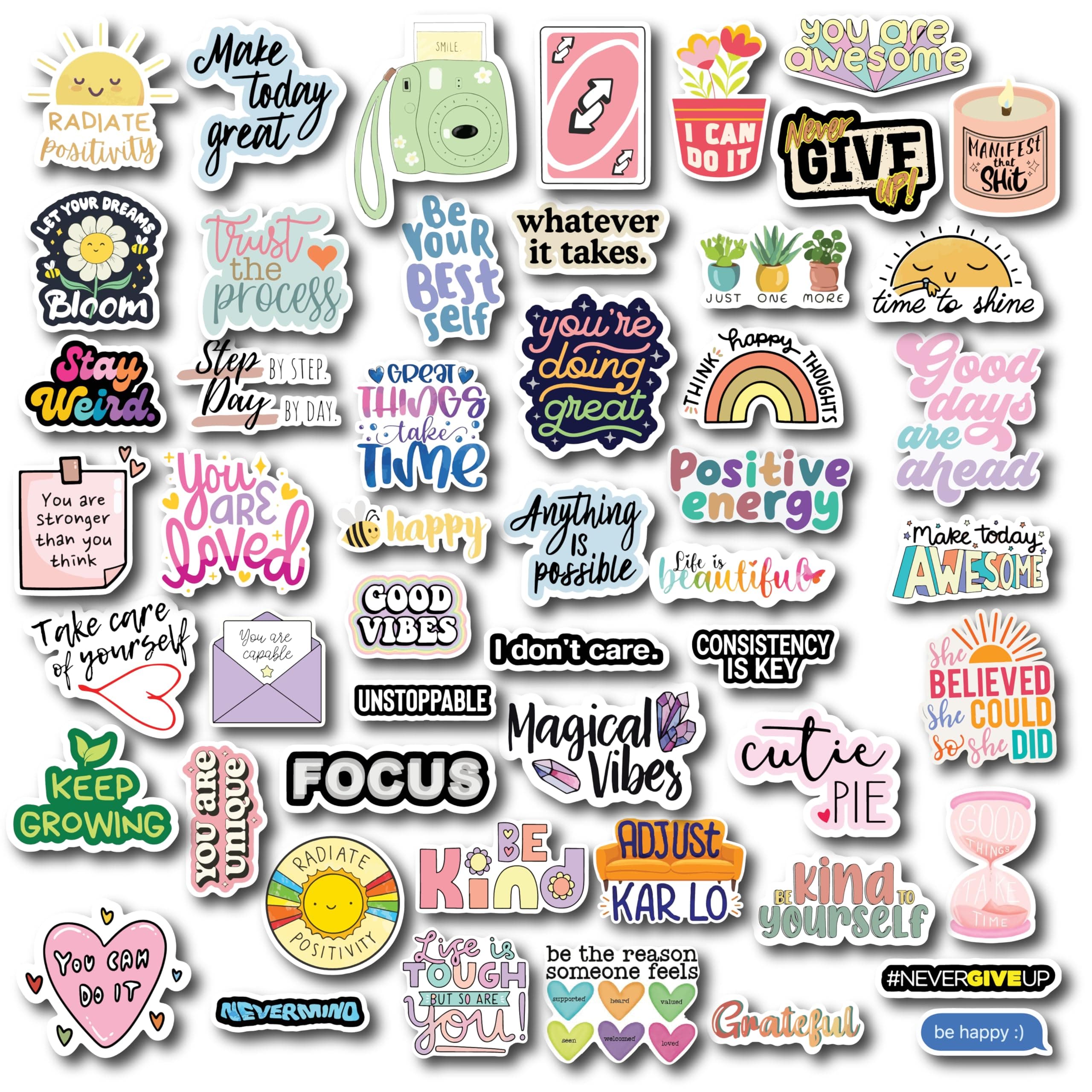 D2C Positive Affirmation Stickers Set, 53-Piece, Motivational and Inspirational Quotes, for Water Bottles, Laptops, Journals, DIY Projects & Scrapbook