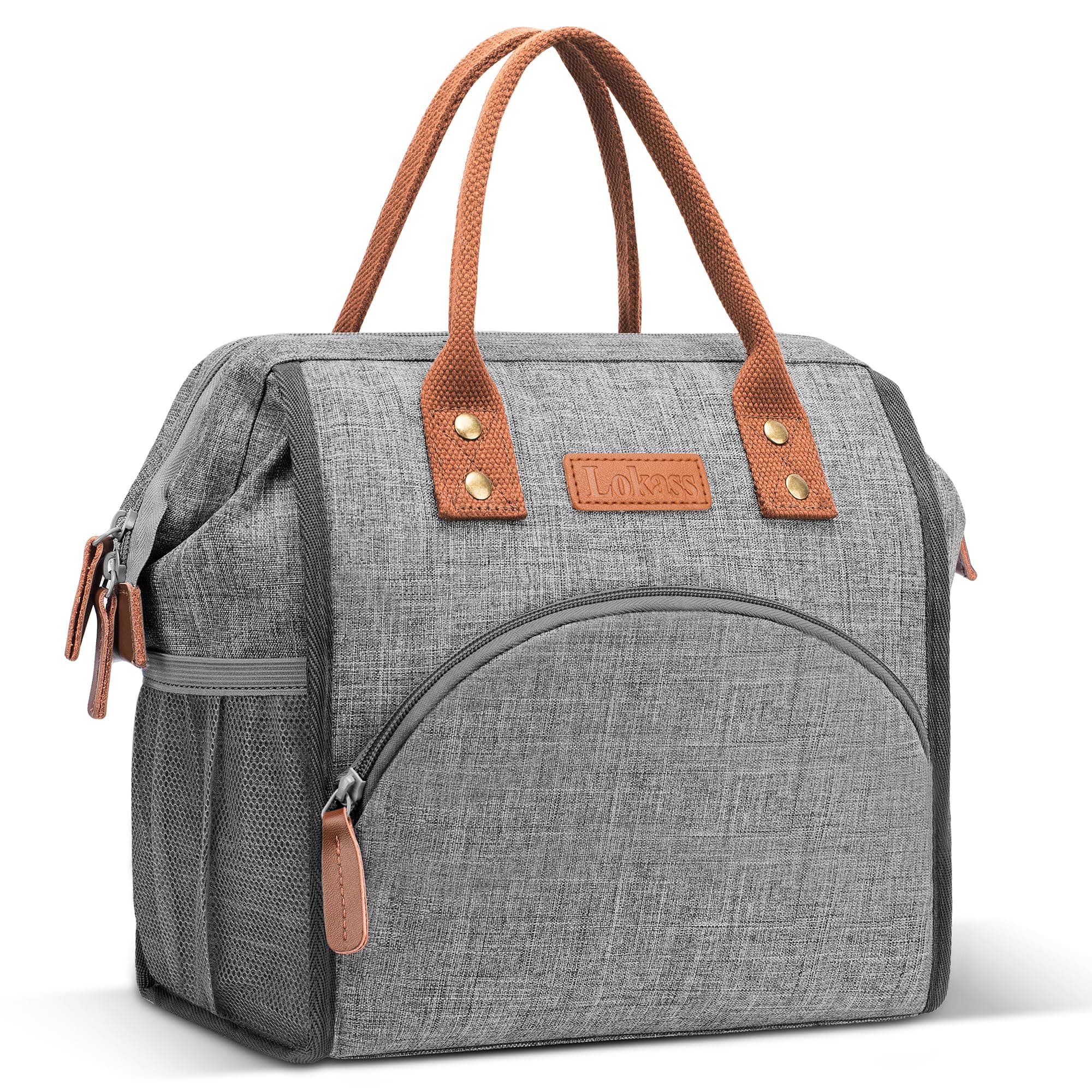 LOKASS Lunch Bag Insulated Lunch Box Wide-Open Lunch Tote Bag Large Drinks Holder Durable Nylon Thermal Snacks Organizer for Women Men Boys Girls Adults College Work Picnic Hiking Beach Fishing,Grey