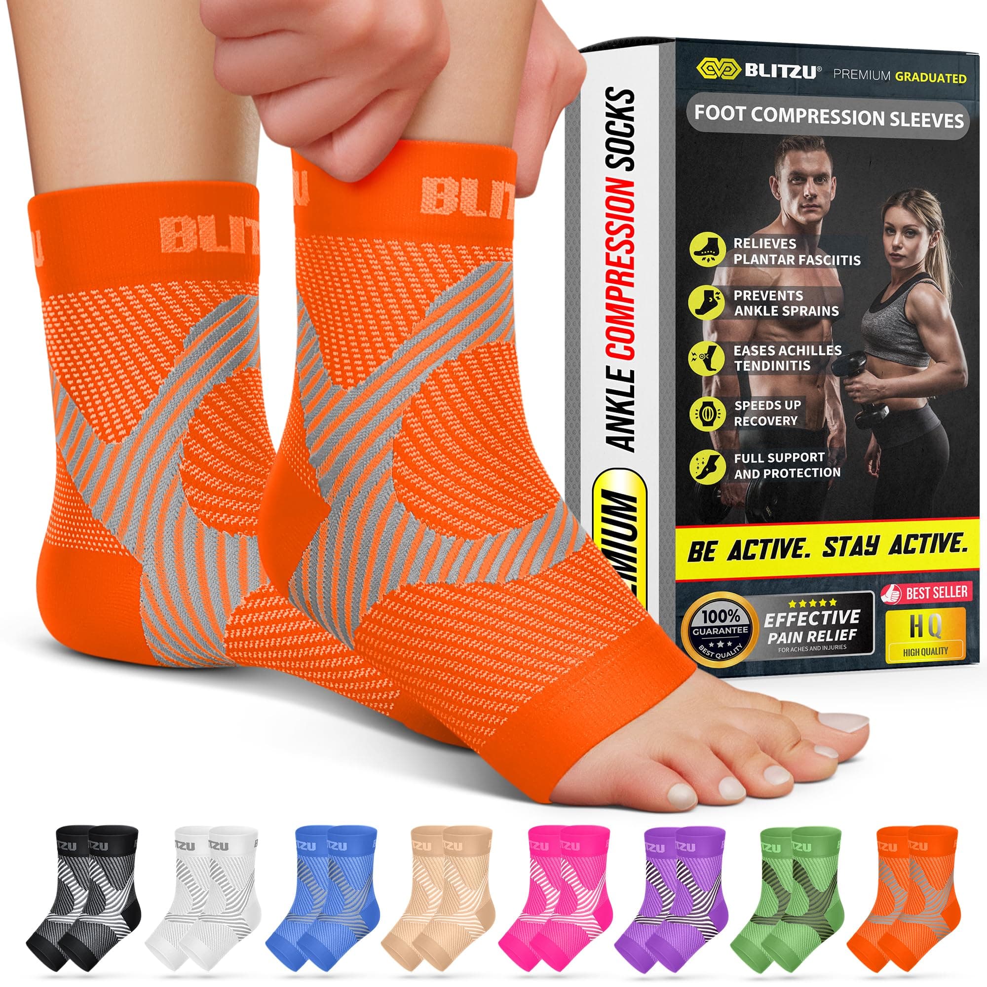 BLITZU Plantar Fasciitis Socks with Arch Support, Foot Care Compression Sleeve, Eases Swelling & Heel Spurs, Ankle Brace Support, Relieve Pain Fast Orange S-M