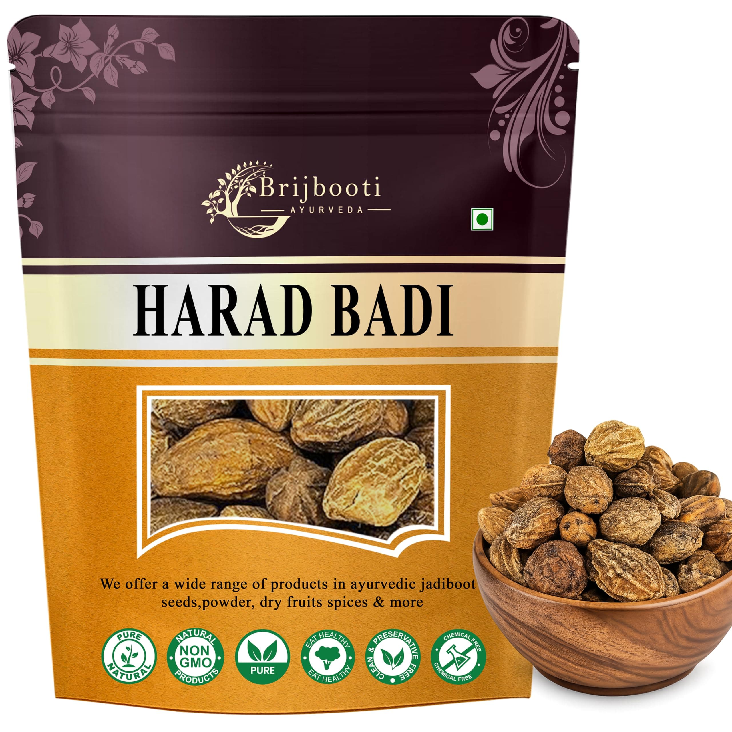 Brijbooti Natural Harad badi Whole - 350 Gm - Kadukkai - Karakkaya - Yellow Terminalia Chebula, Haritaki | FSSAI, GMP, ISO Certified