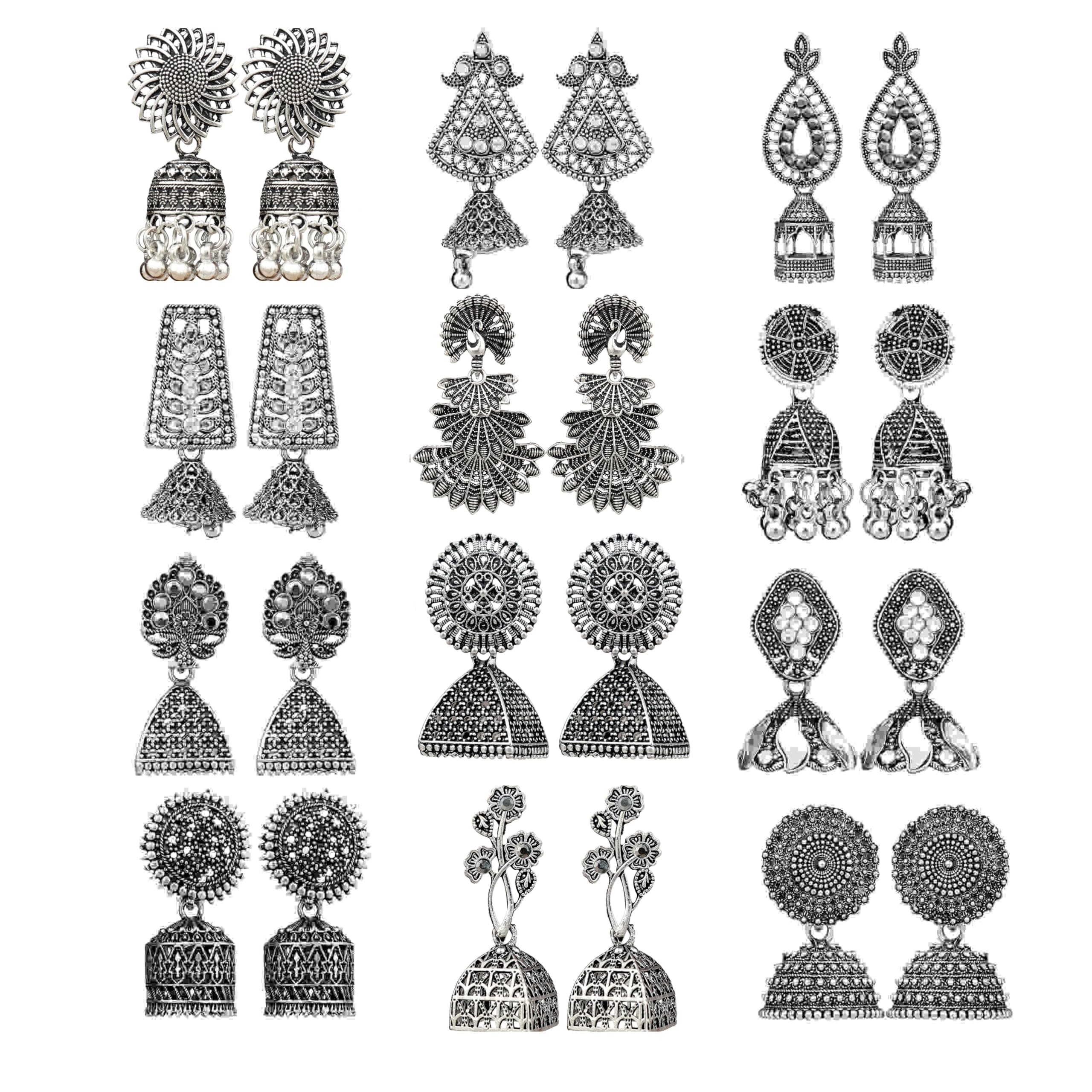 Fashion Frill Earring For Women Floral Silver Oxidised Small Earring For Women And Girls Pair Of 12
