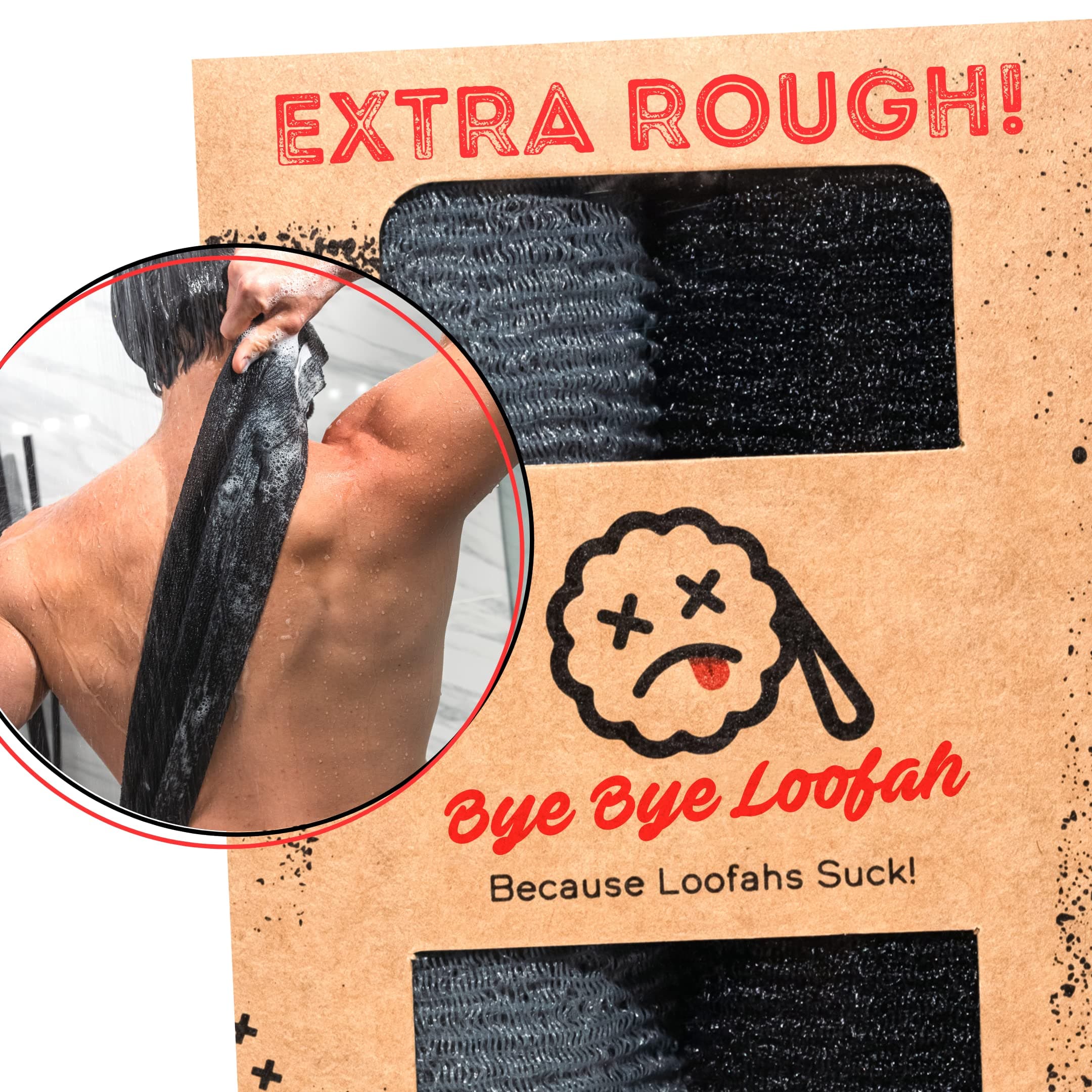 Bye Bye Loofah Extra Rough Exfoliating Towel - Extreme Body and Back Scrubs for Bath, Extra Long Hygienic Exfoliating Cloth, Men or Women, Pack of 2, 1 Black and 1 Grey