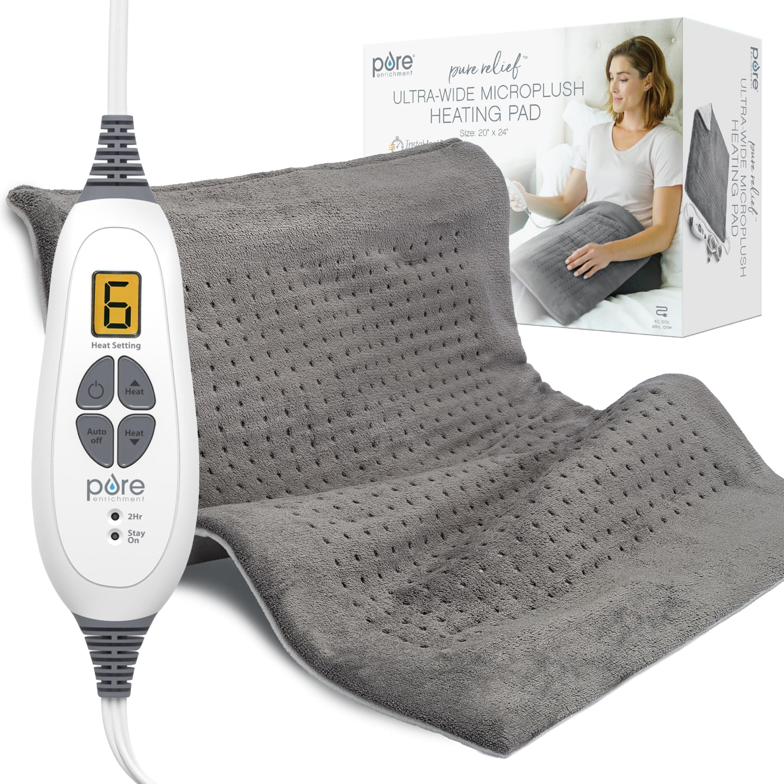 Pure Enrichment Purerelief Xxl (20" X 24") Electric Heating Pad For Back Pain And Cramps - 6 Instaheat Settings, Machine Washable, Soft Microplush, 2-Hour Auto Shut-Off, & Storage Bag (Gray)