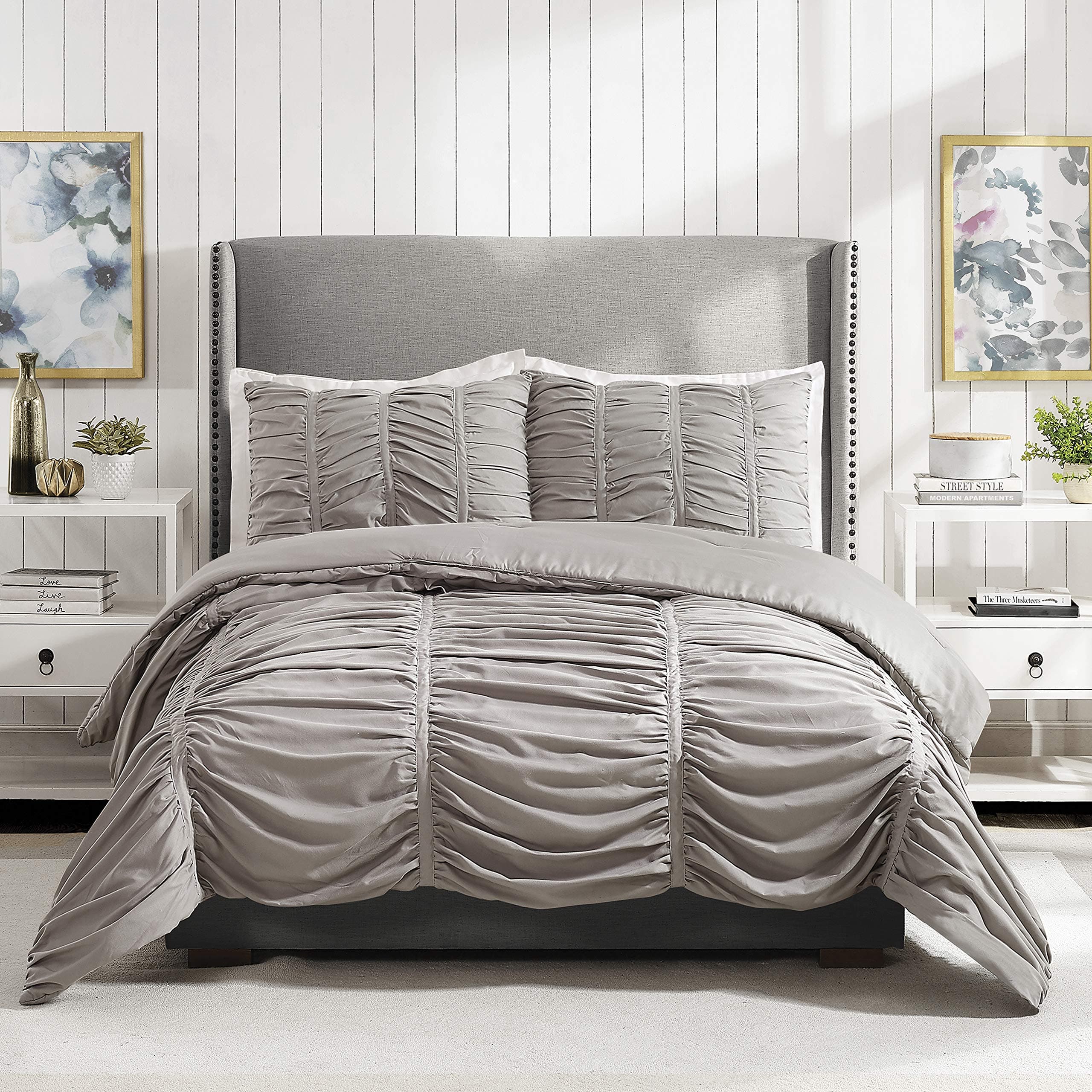 MODERN HEIRLOOM Emily Texture (Light Gray) 3-Piece Comforter Set, Ruched All Seasons Bedding, Machine Washable - Full Queen Size