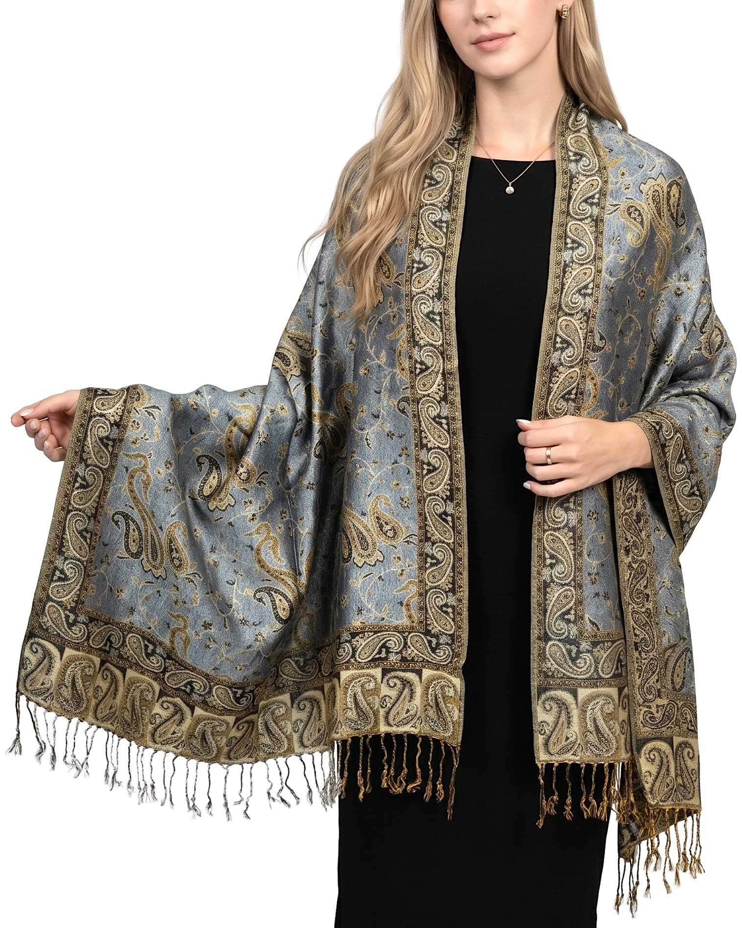 Achillea Soft Silky Reversible Paisley Pashmina Shawl Wrap Scarf w/Fringes