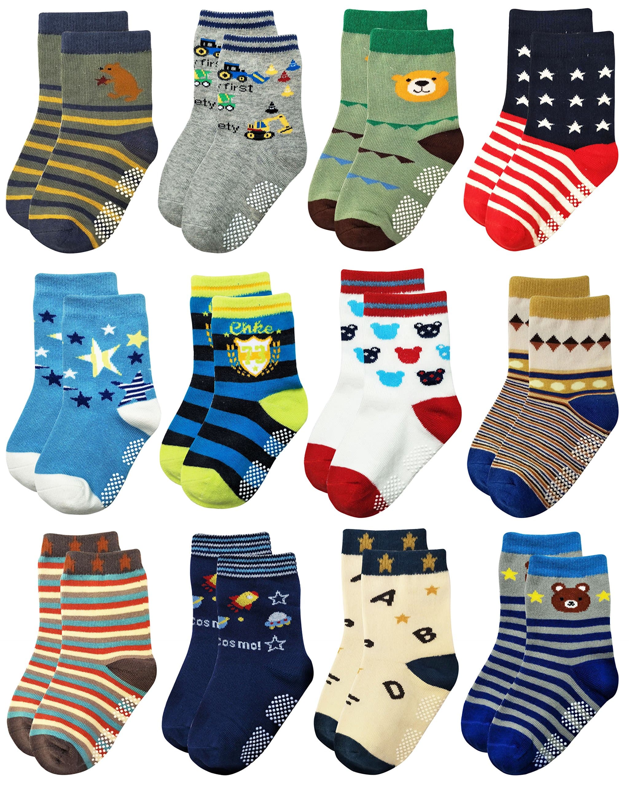 Deluxe Non Slip Anti Skid Slipper Cotton Crew Socks With Grips For Infant Baby Toddlers boy (9-18 Months, 12 designs/RB-71518)