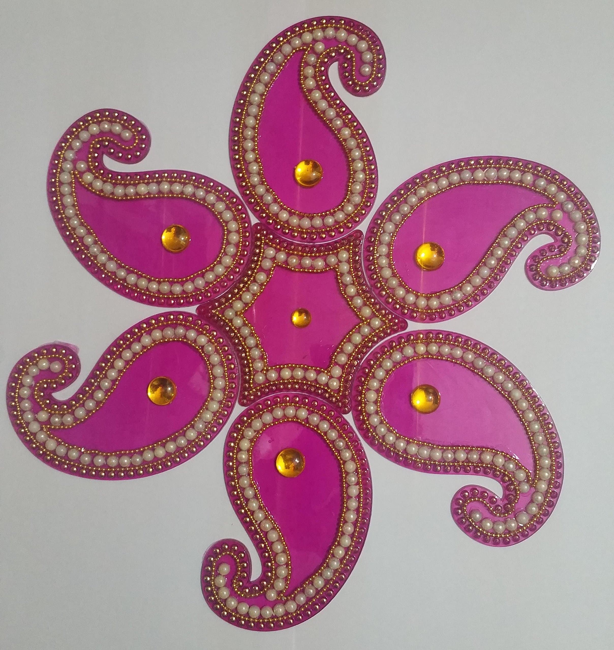 Handicraft Designer Rangoli - Jewel Stone Decorations and Red, Green, White, Golden Accents on Purple Acrylic Base - 12 inch Dia - 7 Piece Set - Packed in Crystal Box