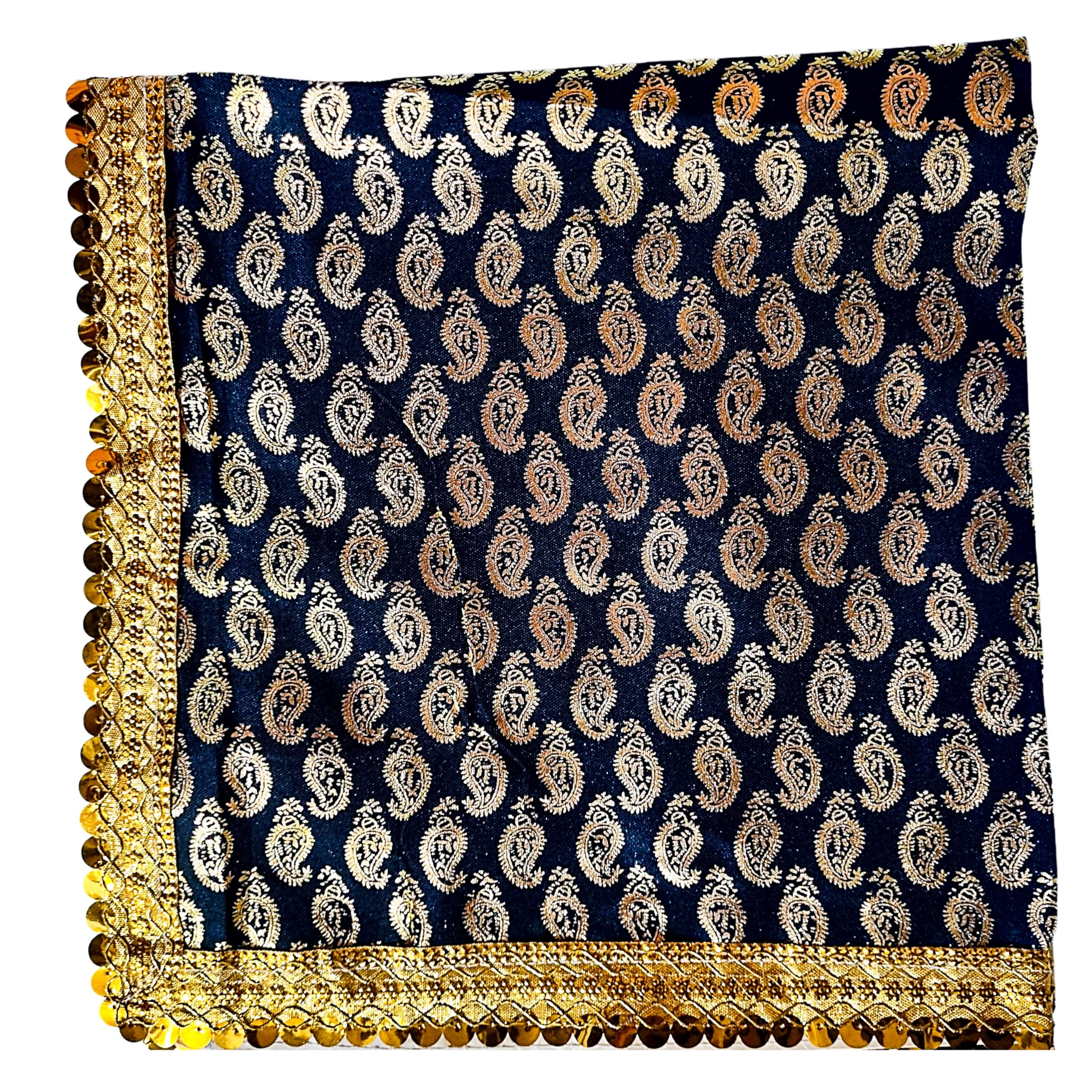 Poshakein Pooja Cloth (Size: 1M X 1M | 40 X 40inch) | Puja Aasan with Golden Print and Lace | Chowki Altar Cloth for Home Mandir, Puja Ghar, Temple & Other Puja Rituals