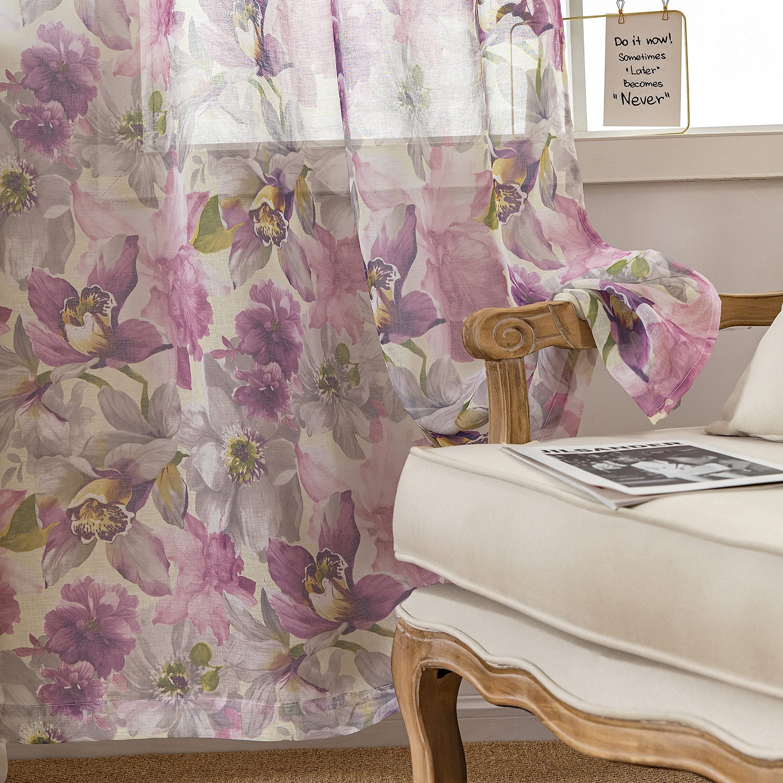 ZJYPRSCU Purple Sheer Curtains 84 Inches Long Floral Leaf Printed Sheer Drapes for Living Room Rod Pocket Privacy Window Curtain 2 Panels Purple 52"×84"
