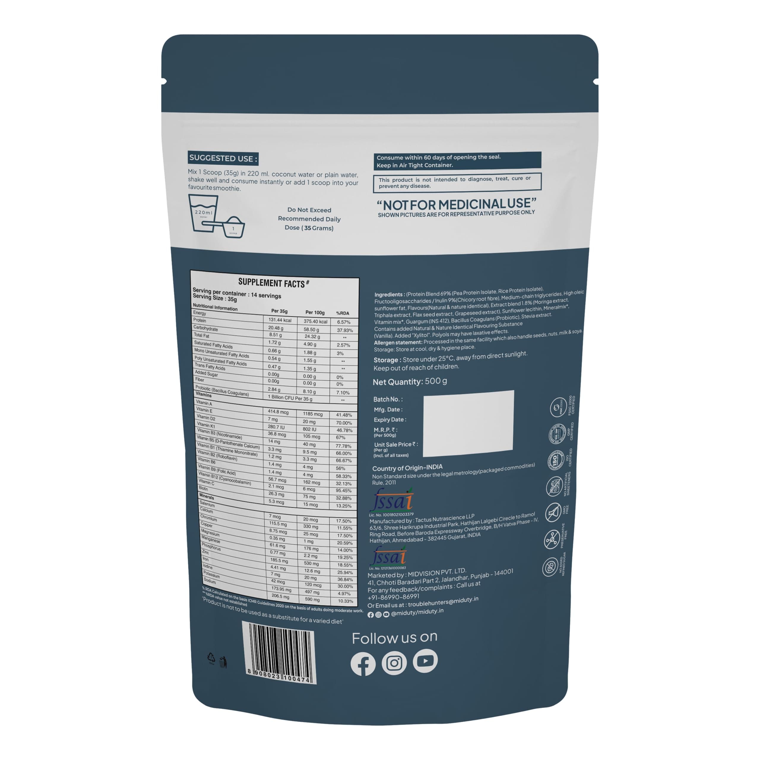 Miduty ShapeME Up Plant Protein - Vanilla Flavour - 1 Billion Probiotics - Vegan Protein Shake for Lean Weight Loss - Protein Powder - Effective Weight Management - 500gm